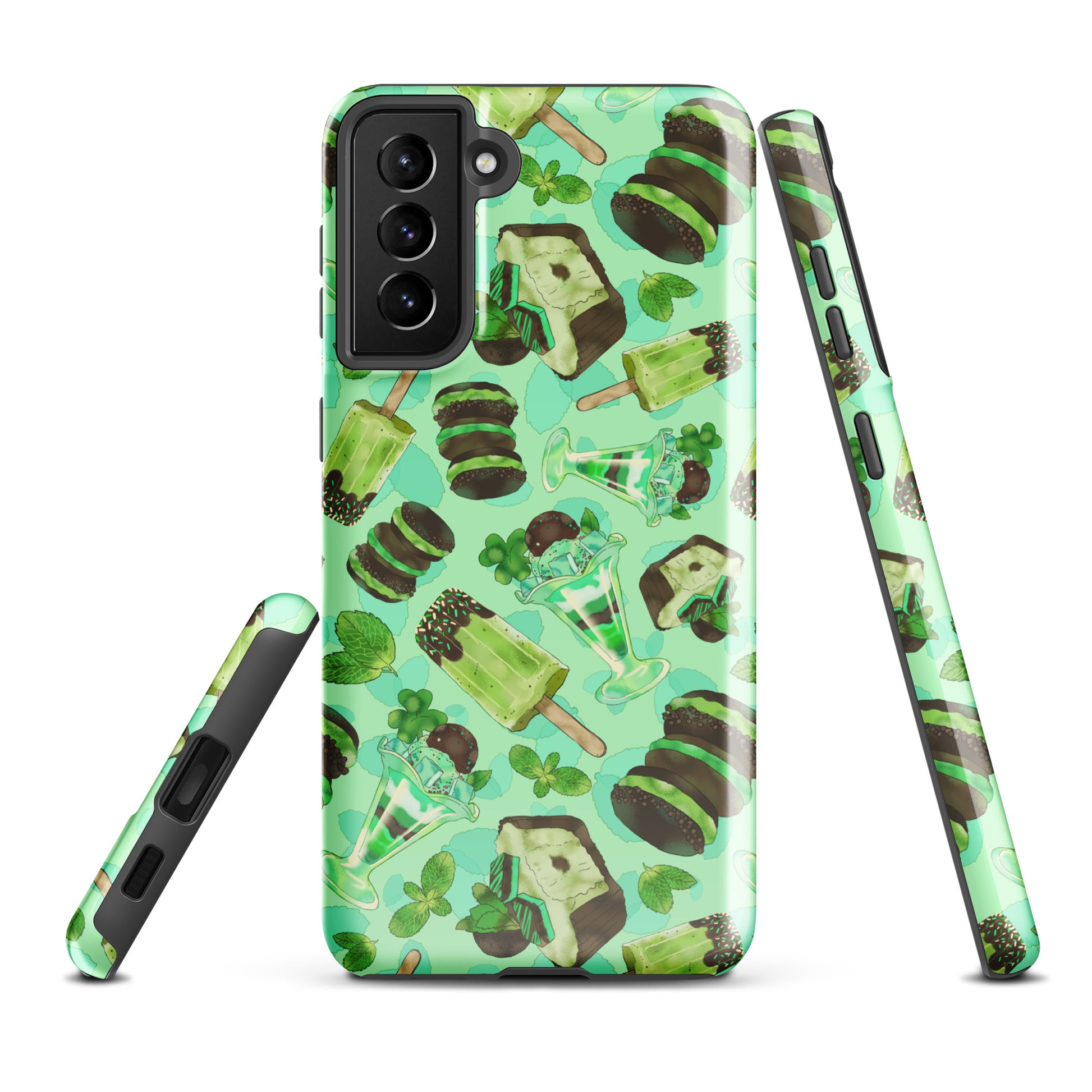 Choco Mint Samsung® Tough Case features a vibrant design, offering impact resistance and dual-layer protection for your phone.