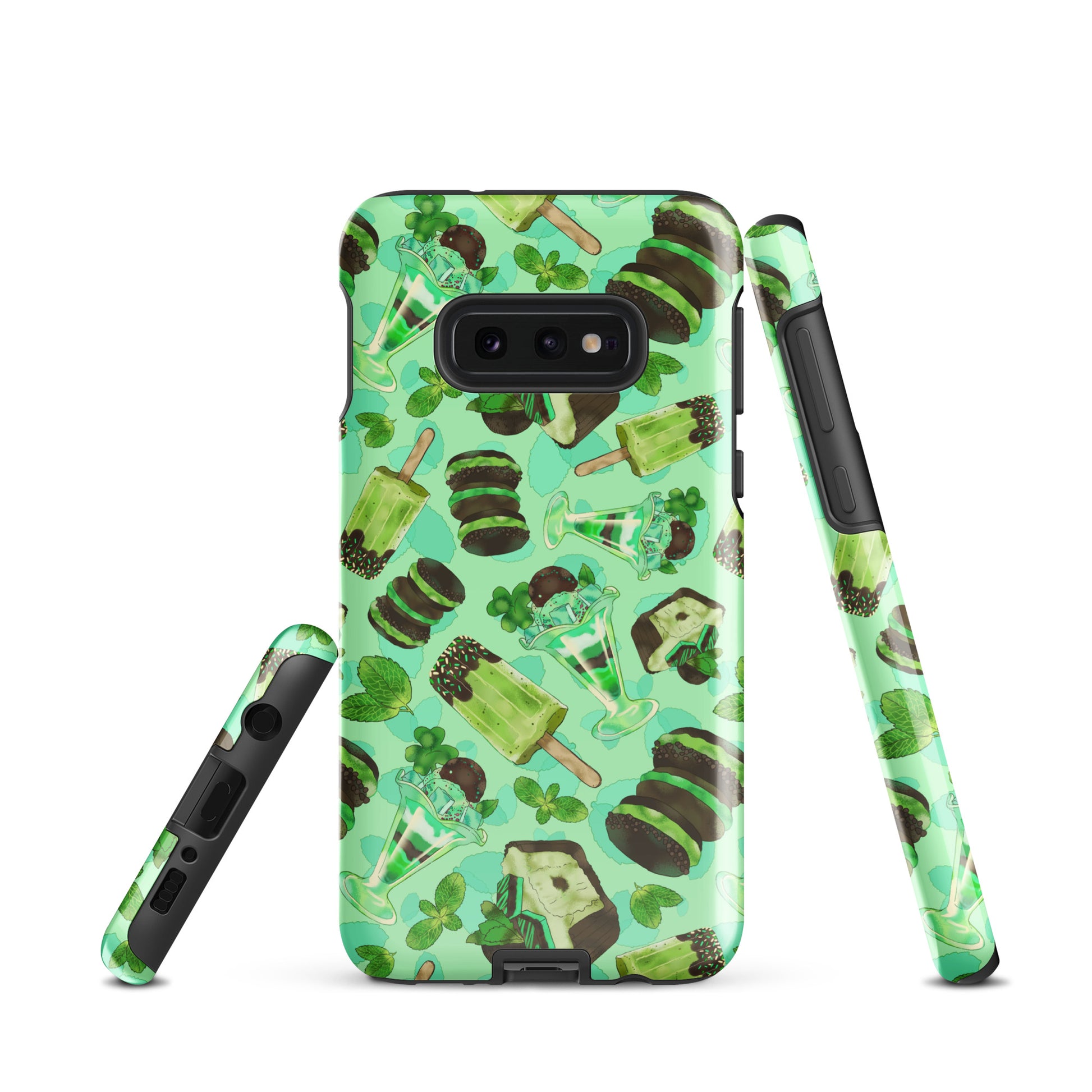 Choco Mint Samsung® Tough Case features vibrant mint patterns, offering sleek protection for your Galaxy S10e.