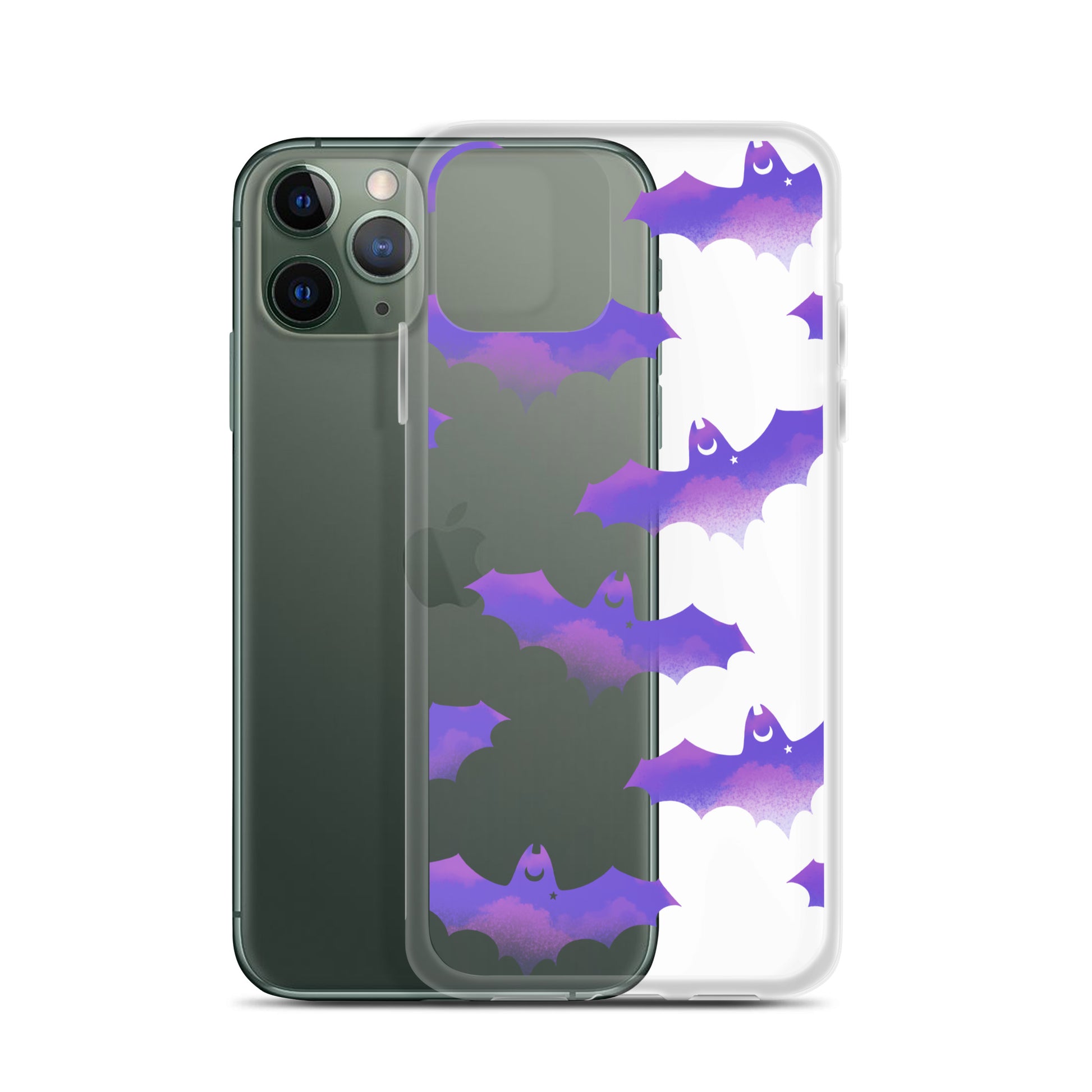 Morrigan iPhone® Clear Case featuring a sleek design with bat graphics, offering superior protection and easy access.