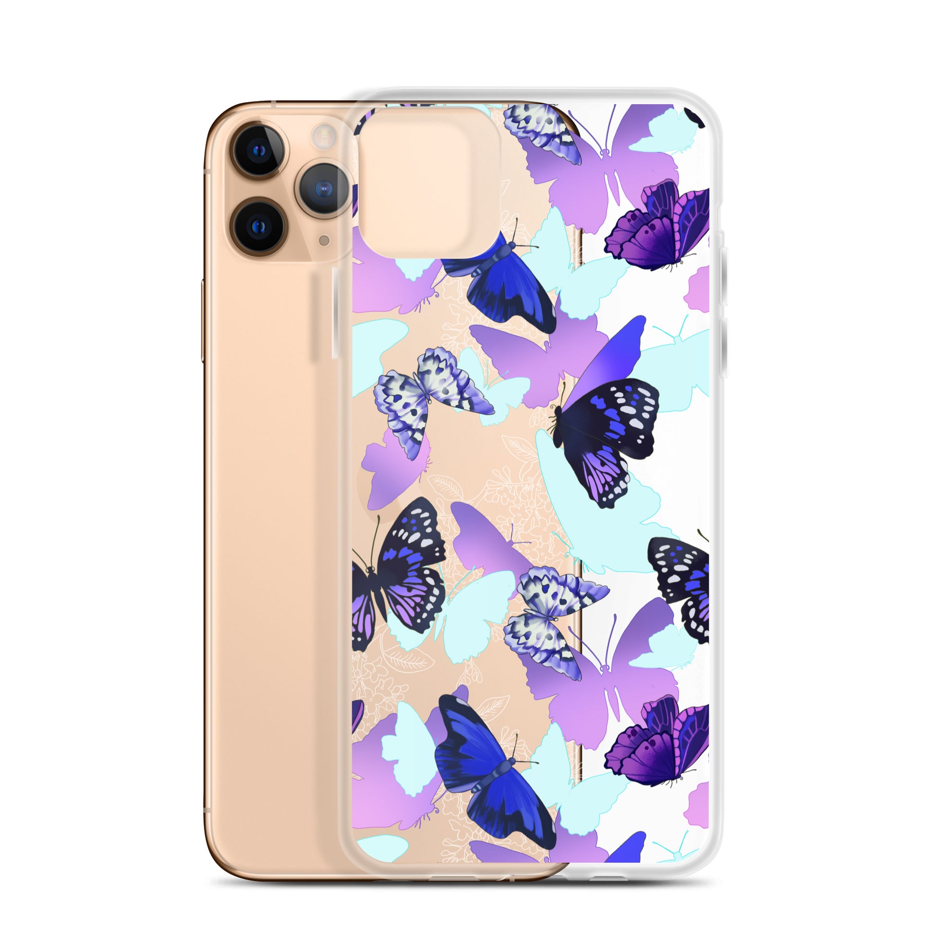 Sleek Butterfly iPhone® Clear Case with vibrant butterfly design, offering protection from scratches and dirt.