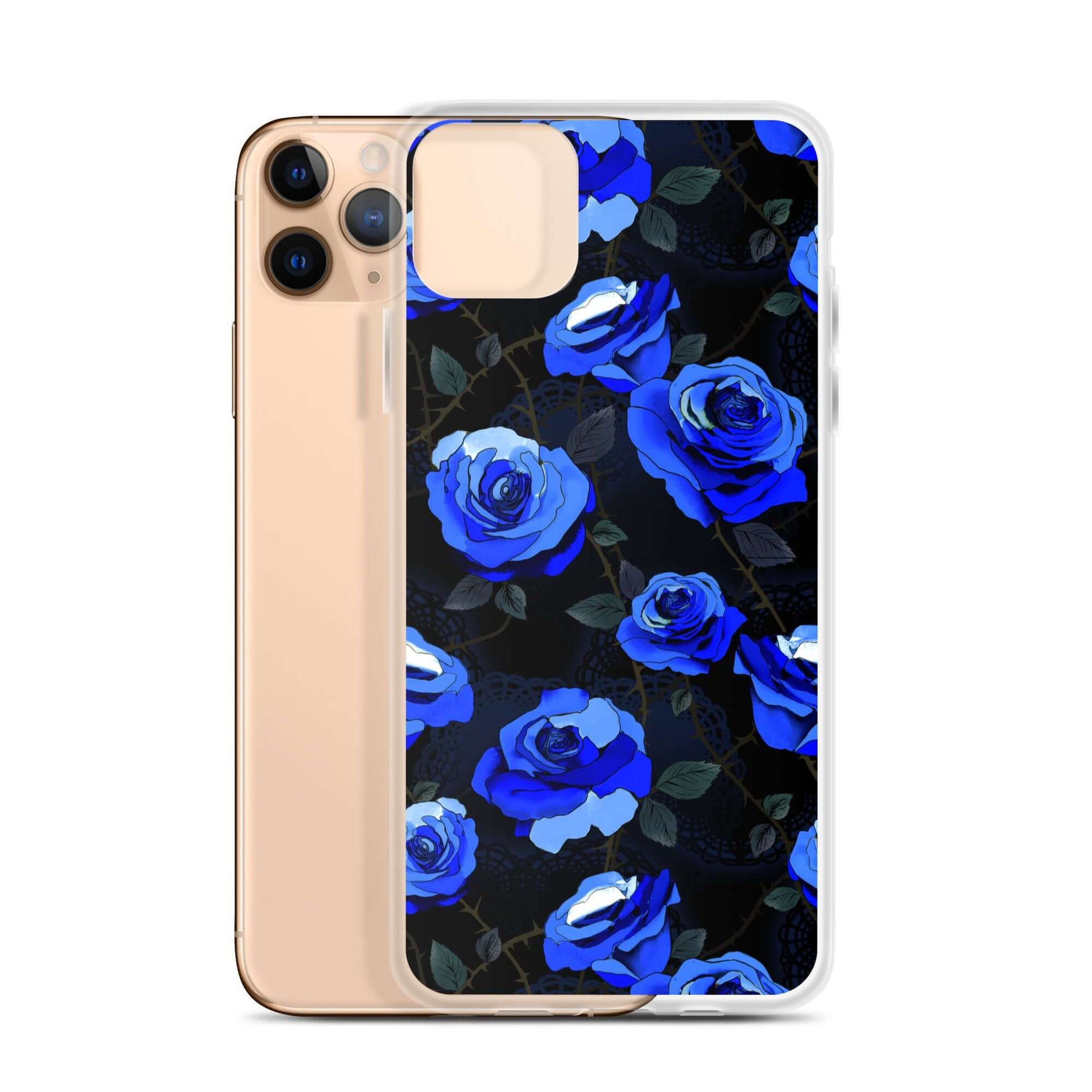 Sleek Enchanted Rose iPhone® Clear Case features a protective design, showcasing vibrant blue roses on a clear background.