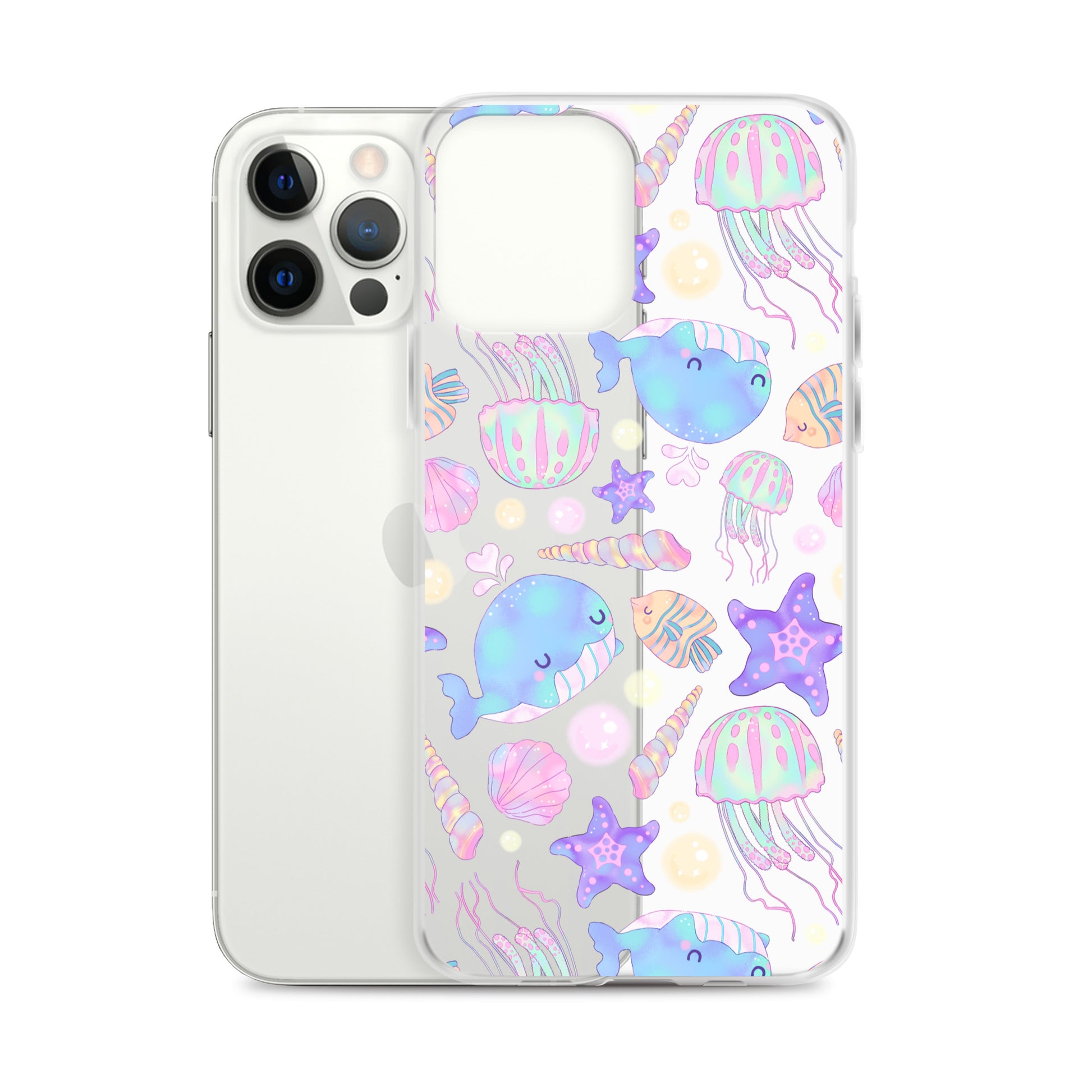 Sleek Under the Sea iPhone® Clear Case featuring marine designs, offers protection from scratches and dust.