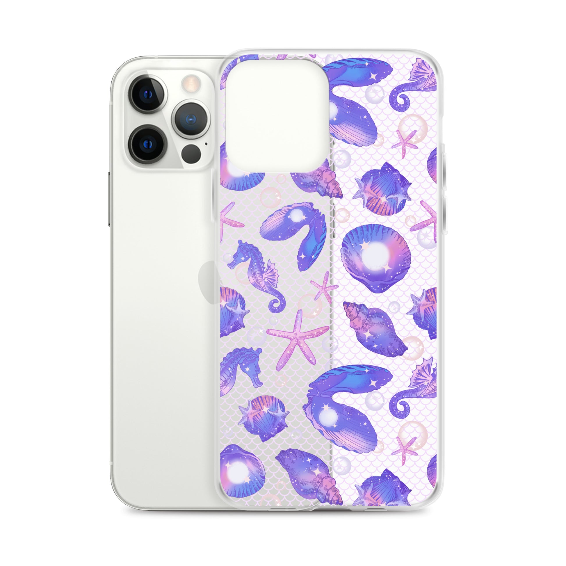 Sleek Sea Princess iPhone® Clear Case featuring a vibrant seashell design, protecting against scratches and dirt.