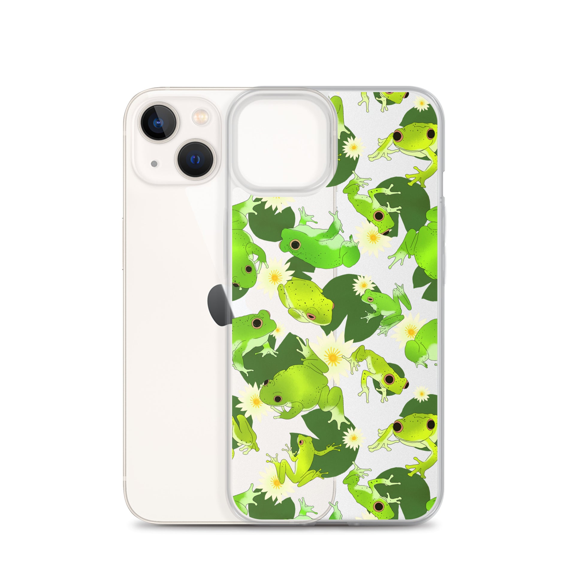Stylish Kero-kero iPhone® Clear Case featuring vibrant frog designs, offering protection and easy access to ports.