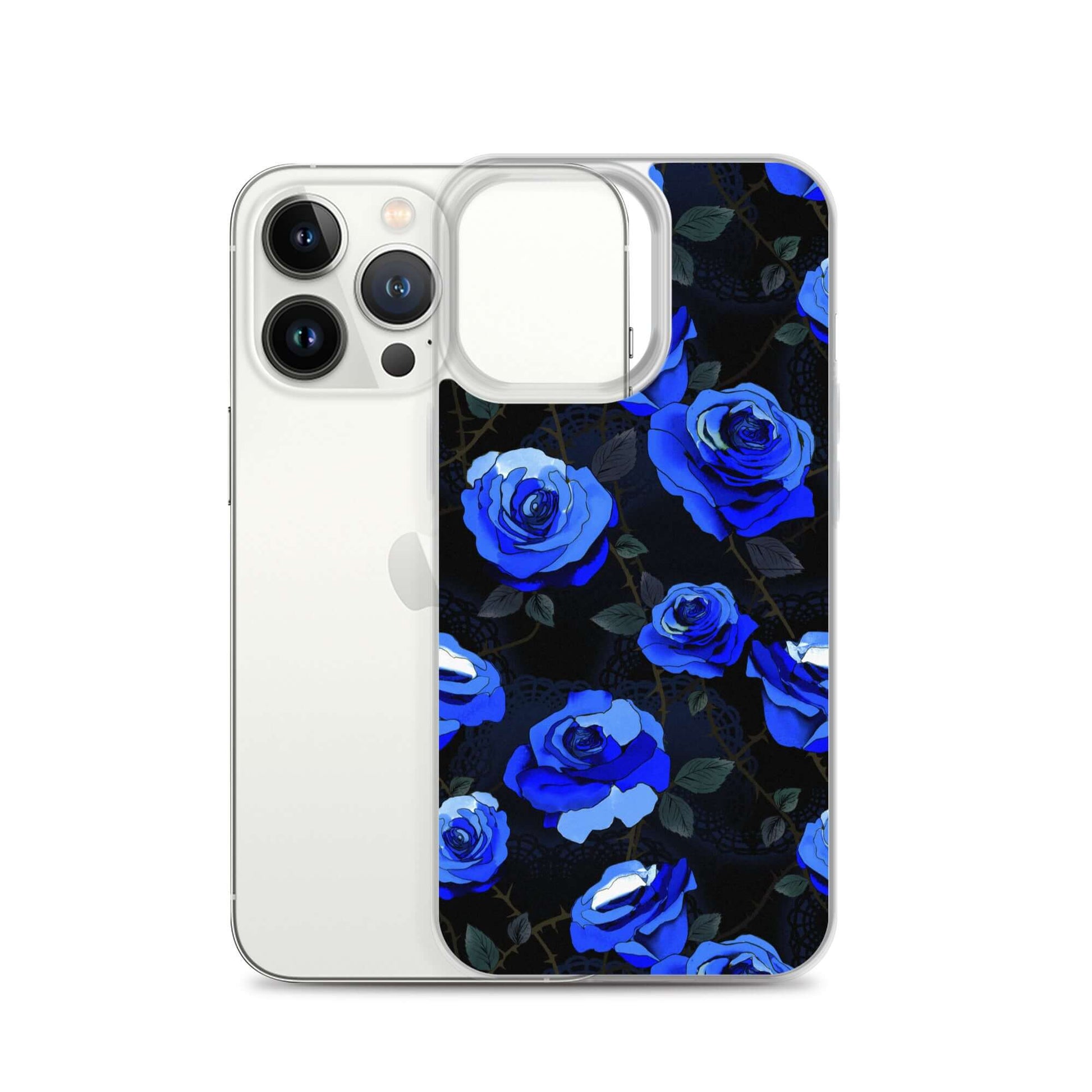 Sleek Enchanted Rose iPhone® Clear Case featuring vibrant blue roses, offering protection against scratches and dirt.