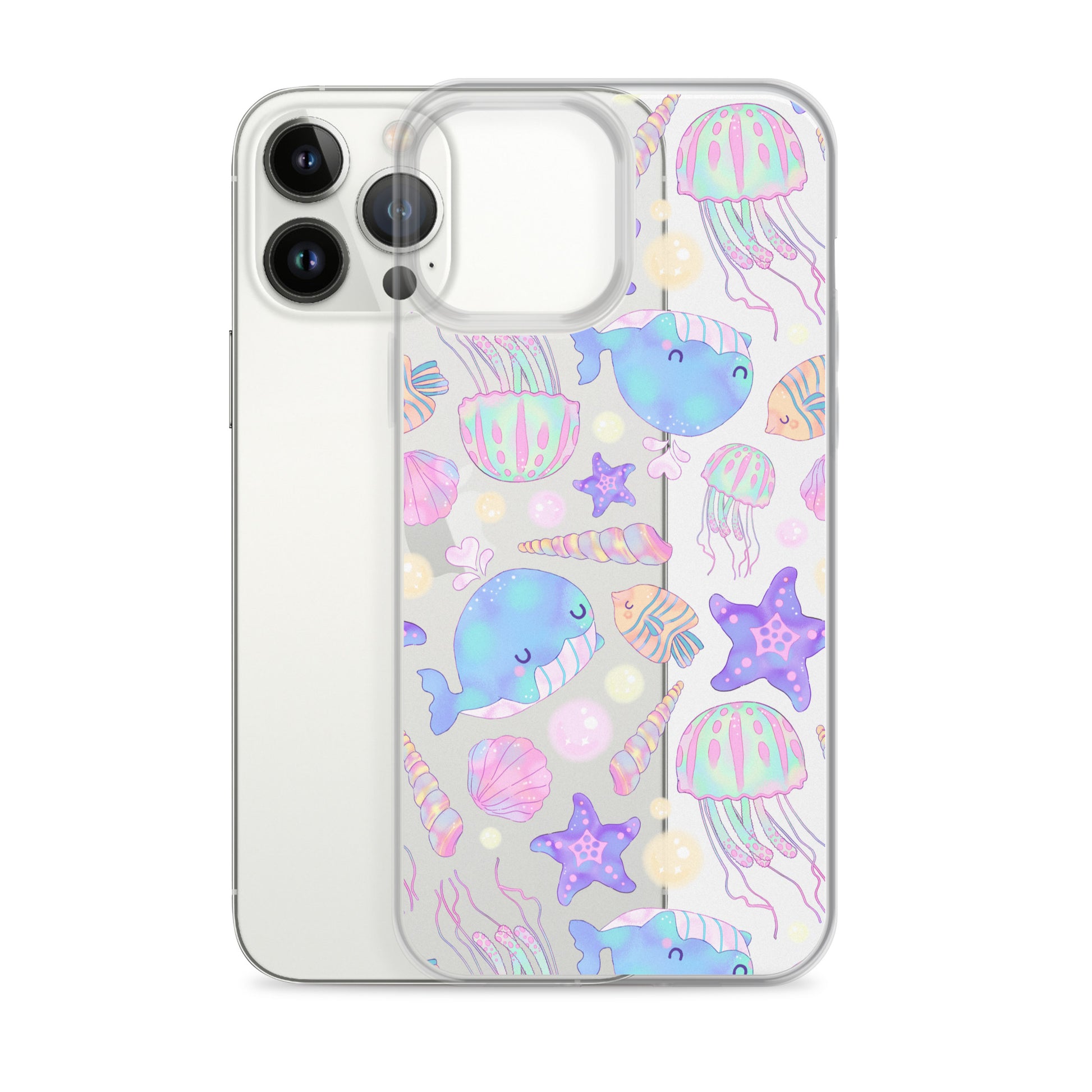 Colorful Under the Sea iPhone® Clear Case with marine life design, offering protection against scratches and dirt.