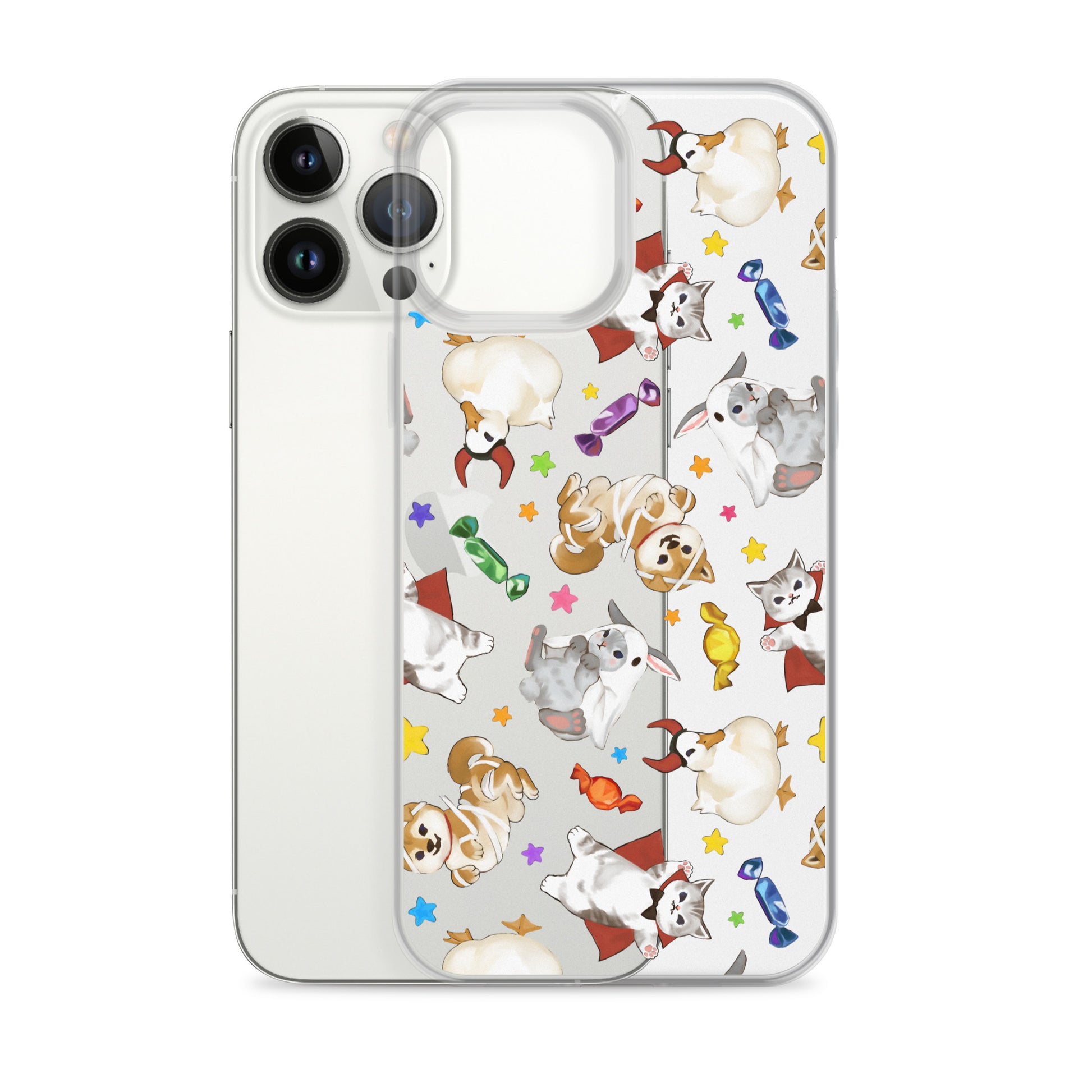Trick or Treaters iPhone® Clear Case featuring playful designs, ideal for protection against scratches and dirt.
