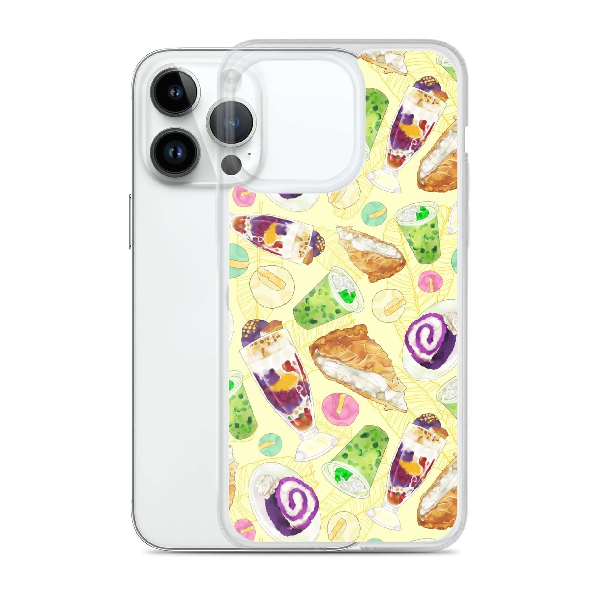Colorful Filipino Dessert iPhone® Clear Case featuring ube rolls and halo-halo, perfect for sweet-tooth enthusiasts.