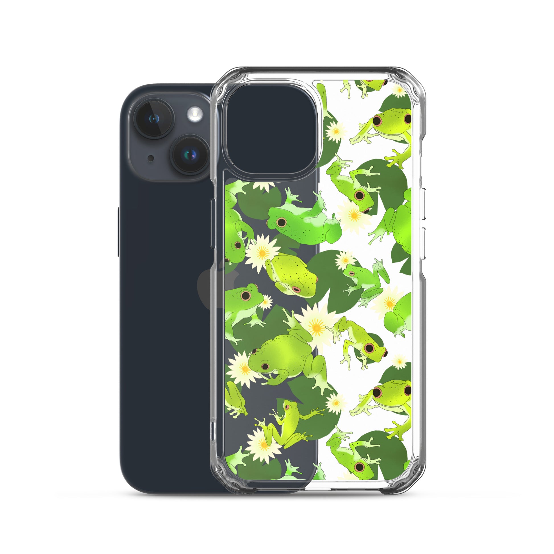 Sleek Kero-kero iPhone® Clear Case showcases vibrant frog designs, offering protection and easy access to ports.