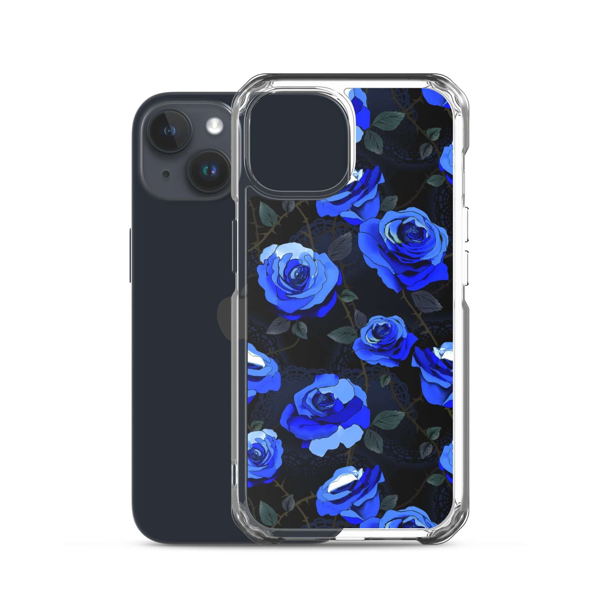 Sleek Enchanted Rose iPhone® Clear Case features vibrant blue roses, offering stylish protection for your device.