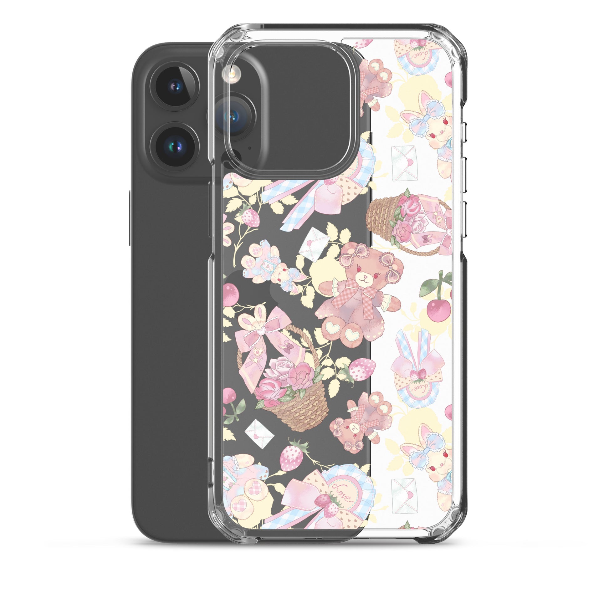 Stylish Sweet Teddy iPhone® Clear Case showcasing adorable bear patterns, perfect for protecting your phone effortlessly.