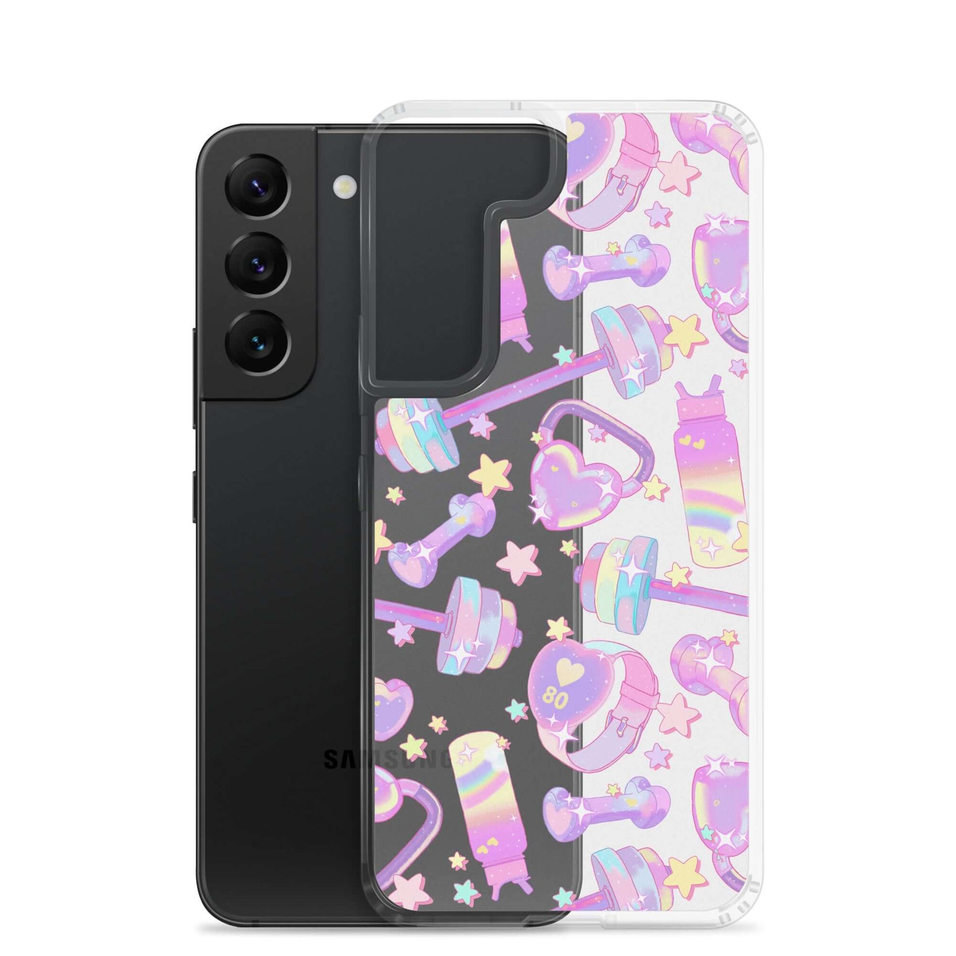Sleek Glitter Gains Samsung® Clear Case, featuring a solid back and flexible sides for ultimate phone protection.