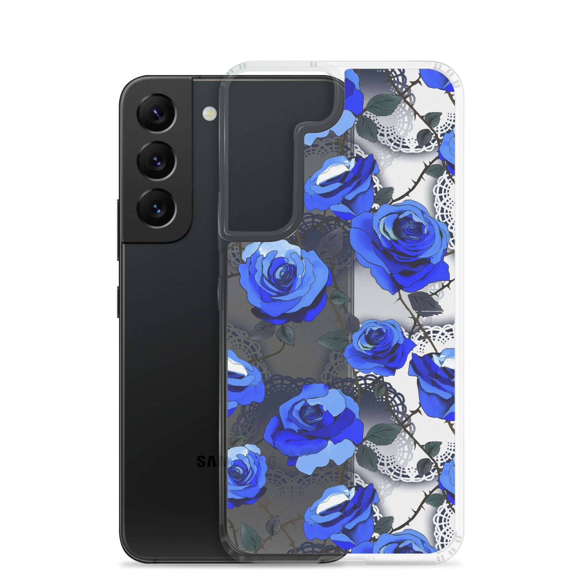 Protect your phone stylishly with the Enchanted Rose Samsung® Clear Case (Transparent) featuring vibrant blue roses.