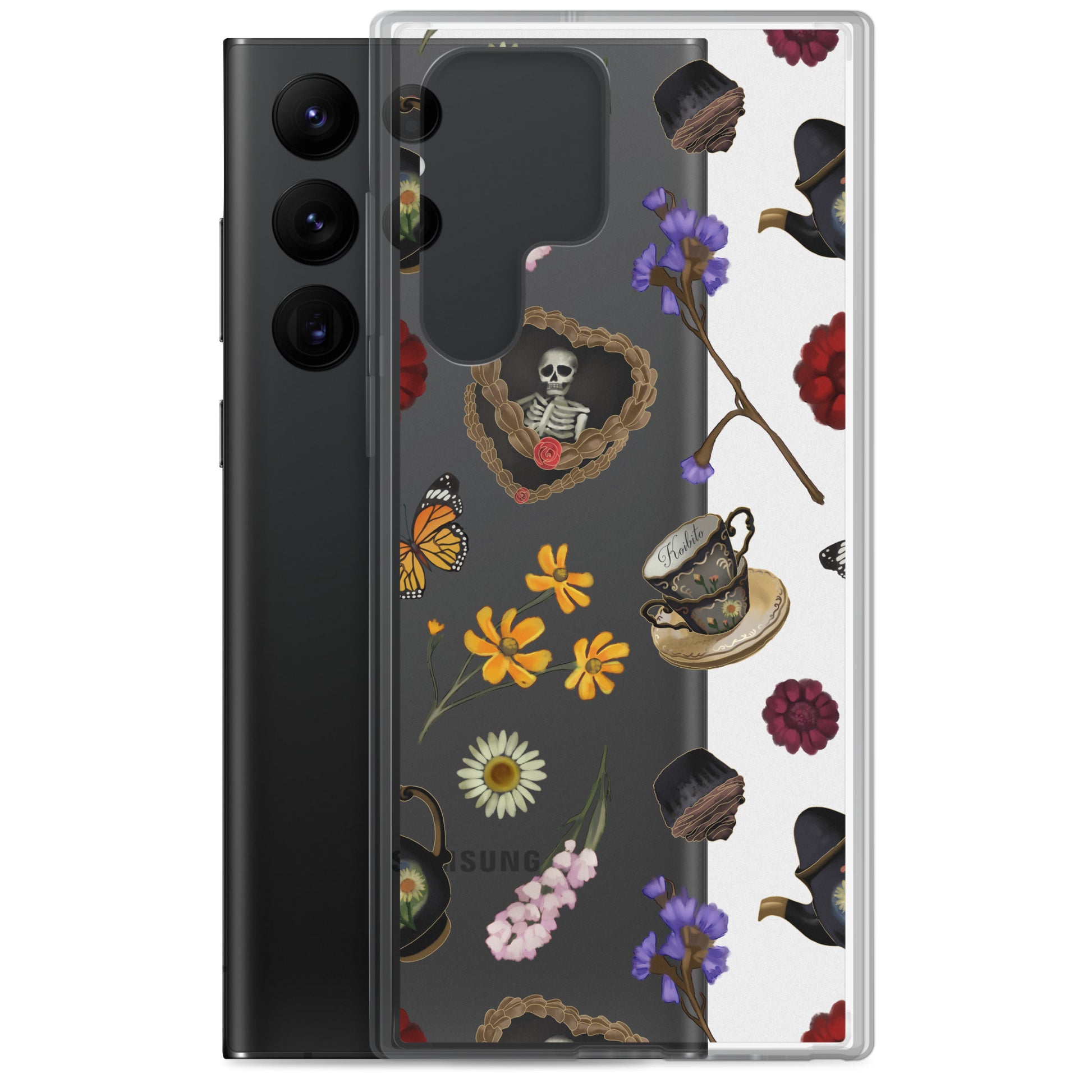 Gothic Tea Time Samsung® Clear Case features floral and skull designs, offering stylish protection for your device.