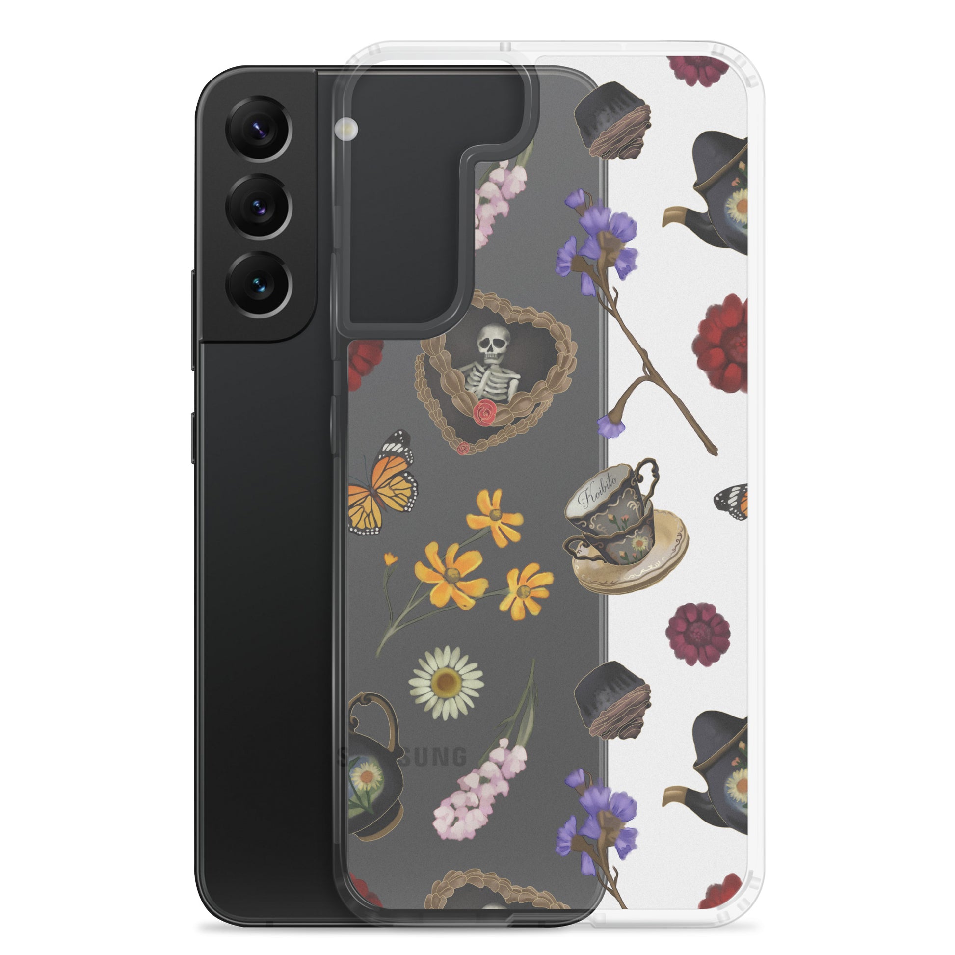 Gothic Tea Time Samsung® Clear Case showcases a stylish design with floral and skull motifs, offering durable protection.