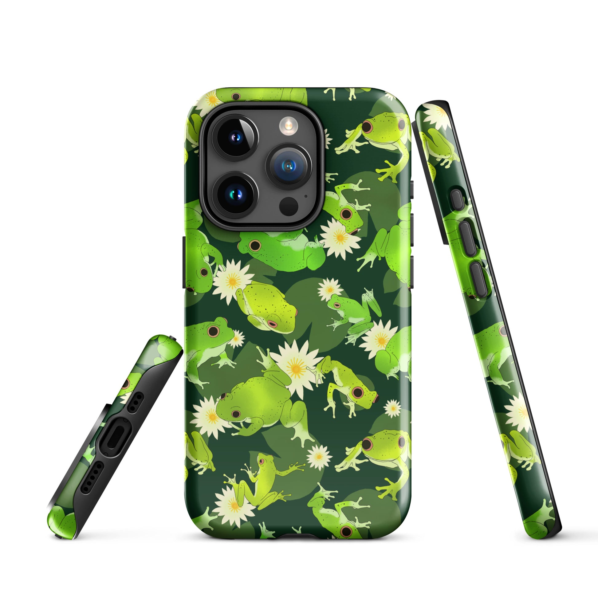Stylish Kero-kero iPhone® Tough Case featuring vibrant frogs for ultimate protection and fashion all year round.