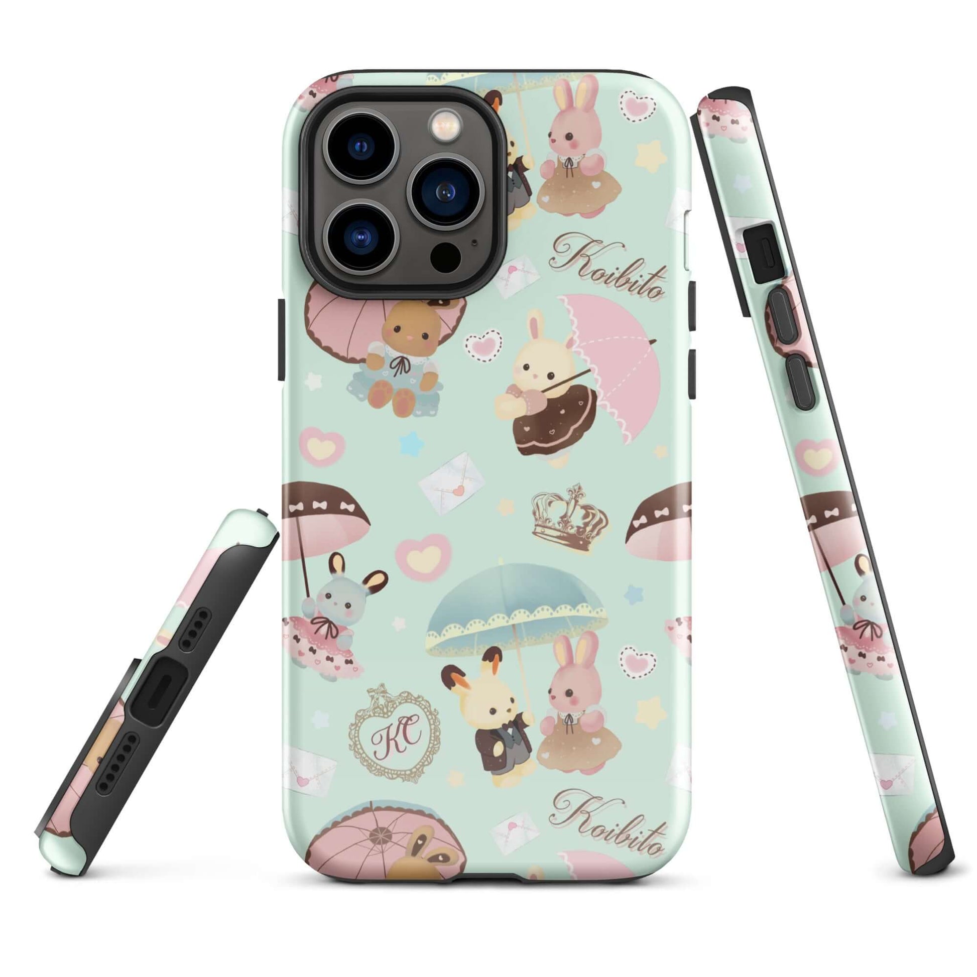Stylish Parasol Bunny iPhone® Tough Case featuring cute bunnies and umbrellas, perfect for durable phone protection.
