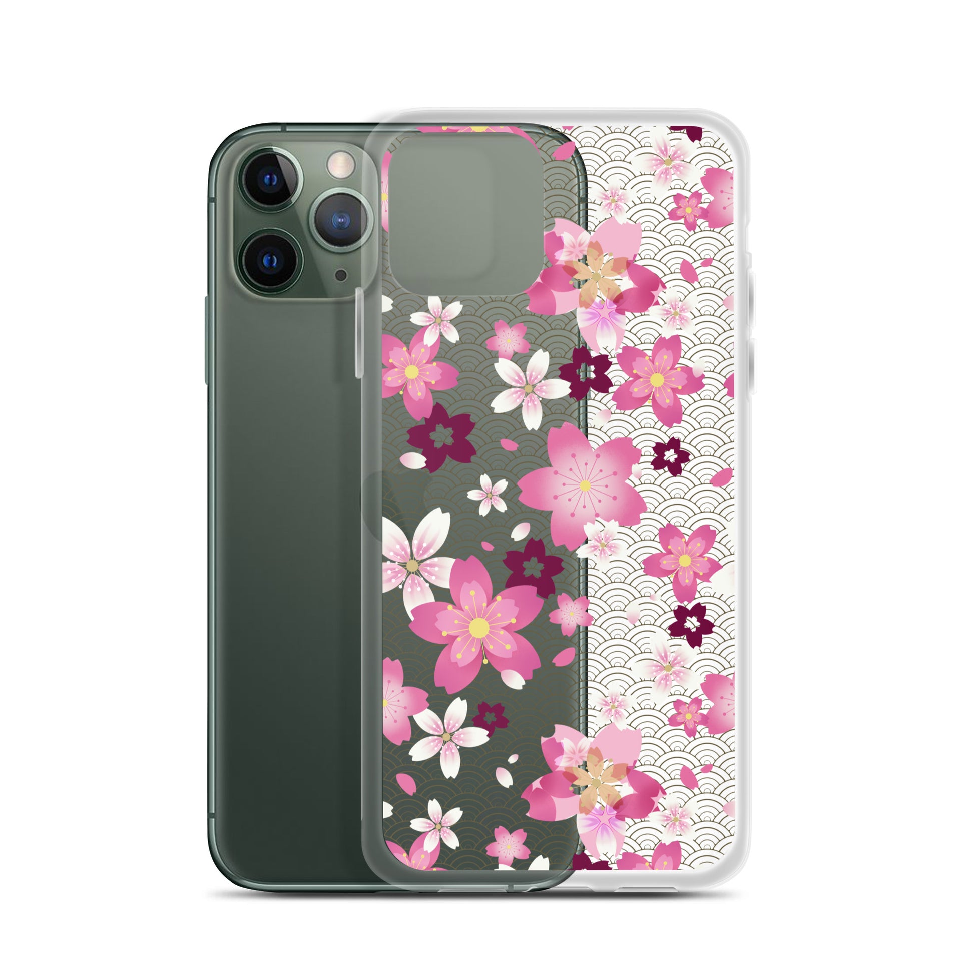 Sakura iPhone® Clear Case featuring floral design, offering protection from scratches and easy access to ports.