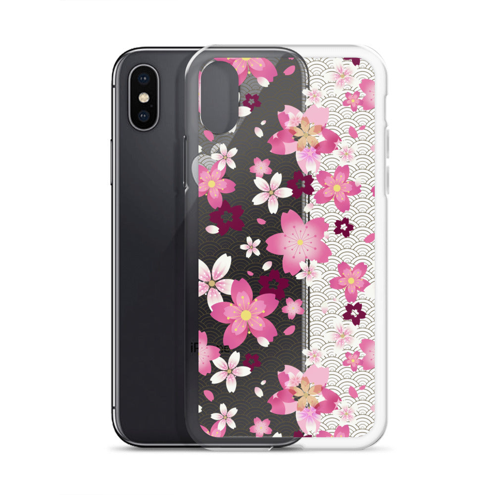 Sakura iPhone® Clear Case showcasing floral design, offering sleek protection against scratches and dirt. Perfect for style!