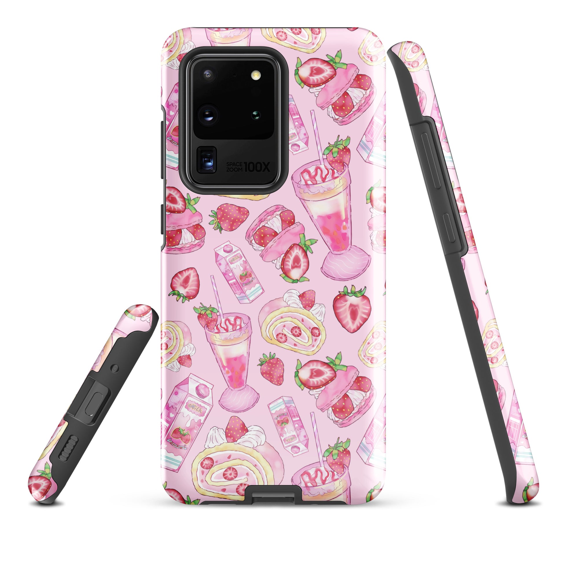 Stylish Strawberry Samsung® Tough Case in pink, designed for impact resistance and a fun dessert theme.