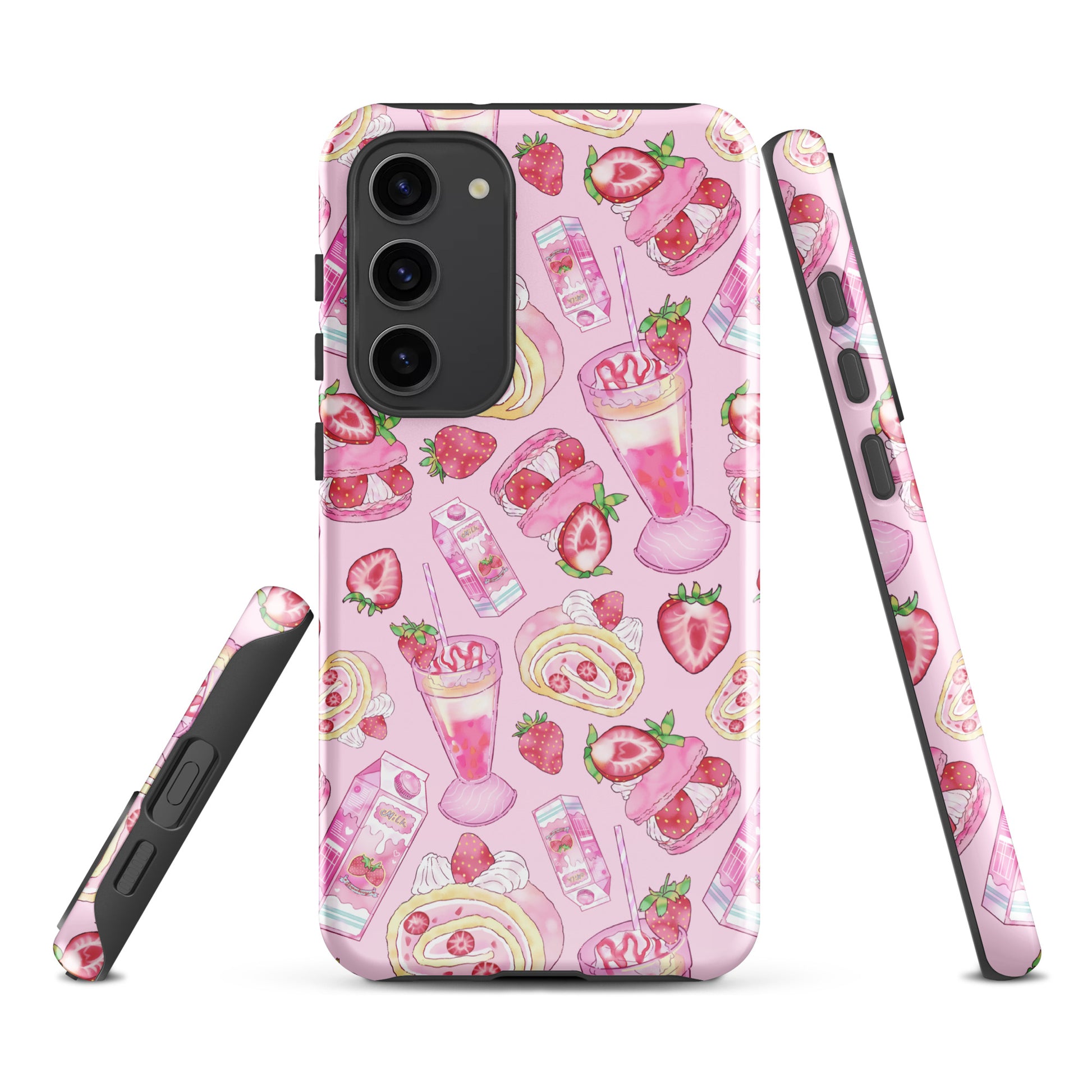 Colorful Strawberry Samsung® Tough Case features fun dessert patterns, providing stylish phone protection in pink.