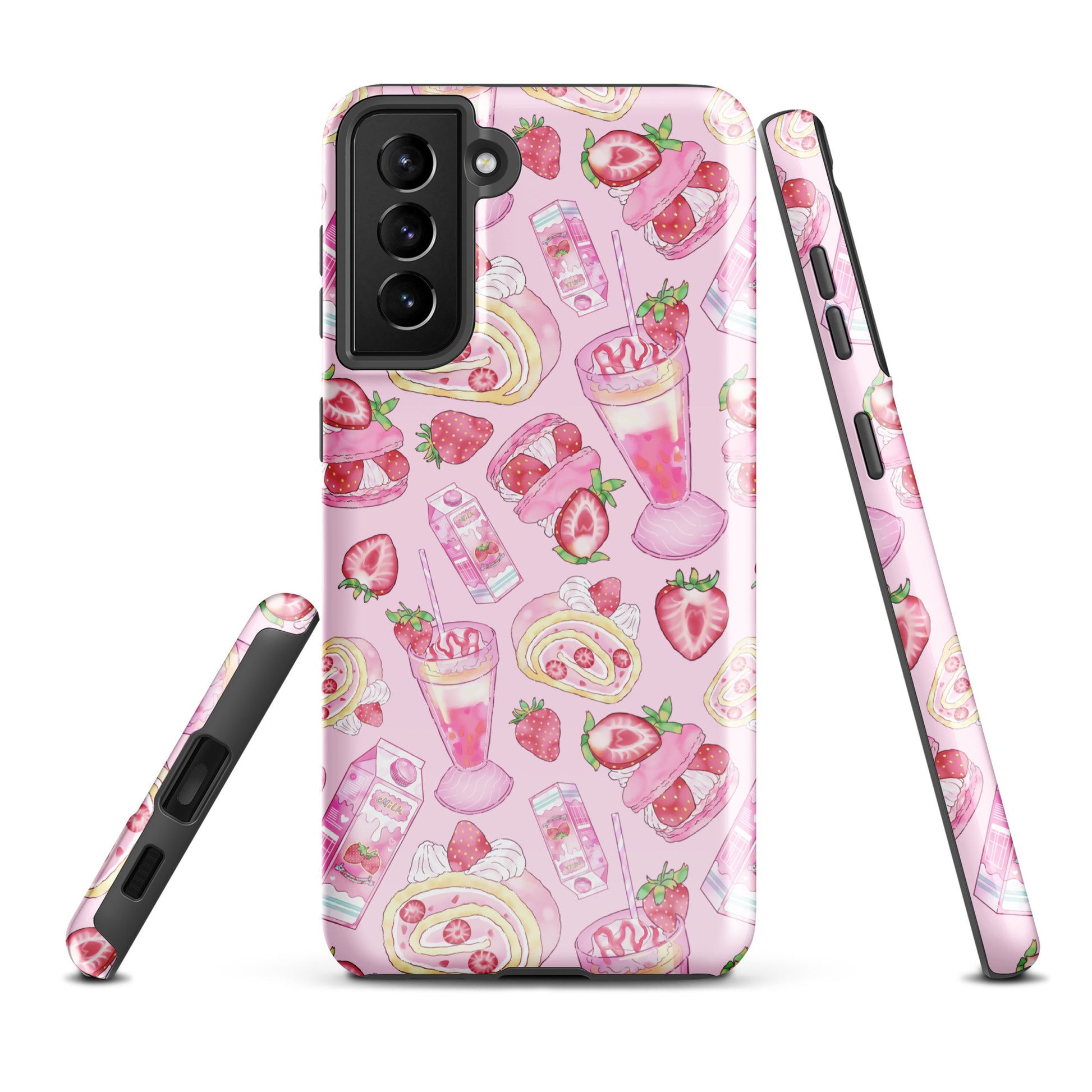 Stylish Strawberry Samsung® Tough Case featuring a pink dessert pattern for durable phone protection.