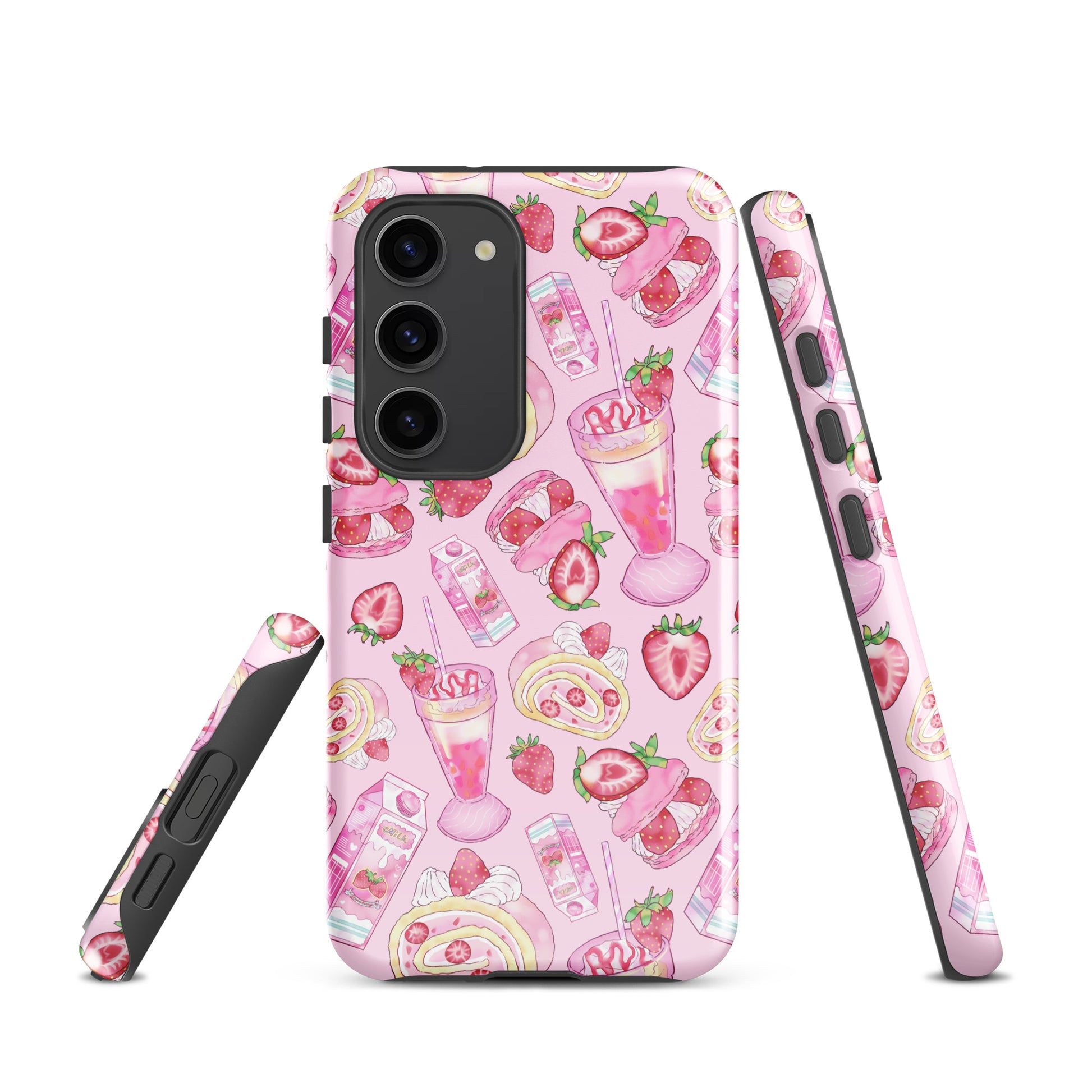 Stylish Strawberry Samsung® Tough Case in pink, featuring dessert patterns for durable phone protection.