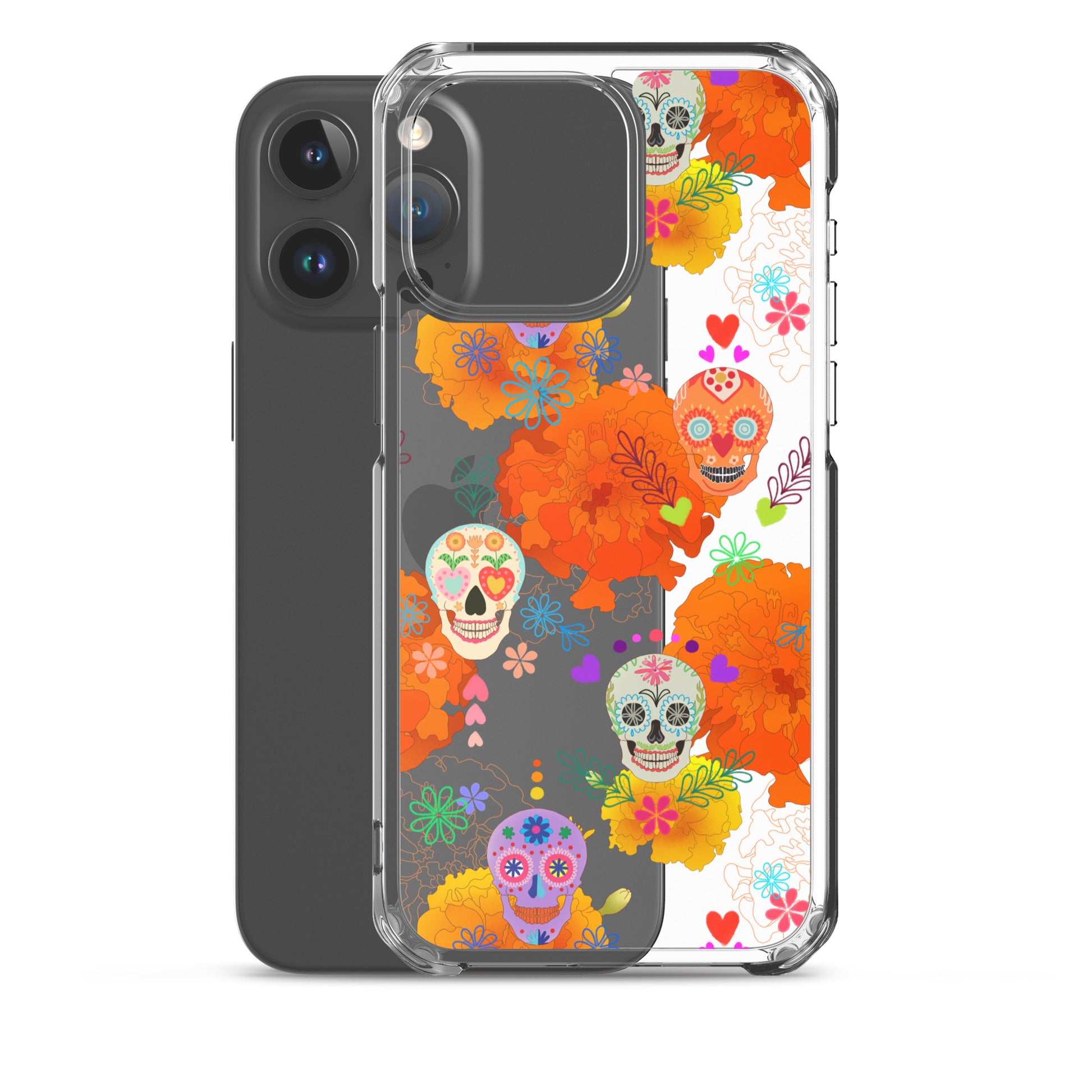 Colorful Sugar Skull iPhone® Clear Case featuring flexible sides and solid back for ultimate phone protection.