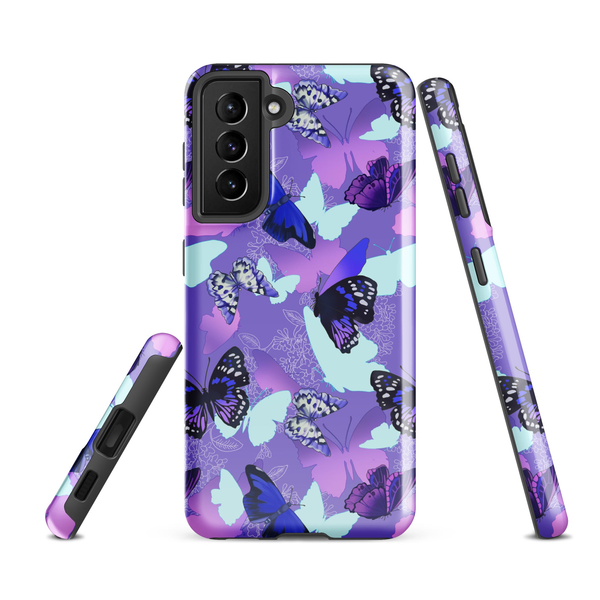 Stylish Butterfly Samsung® Tough Case offers durable protection with a beautiful butterfly design for your Galaxy S21 FE.