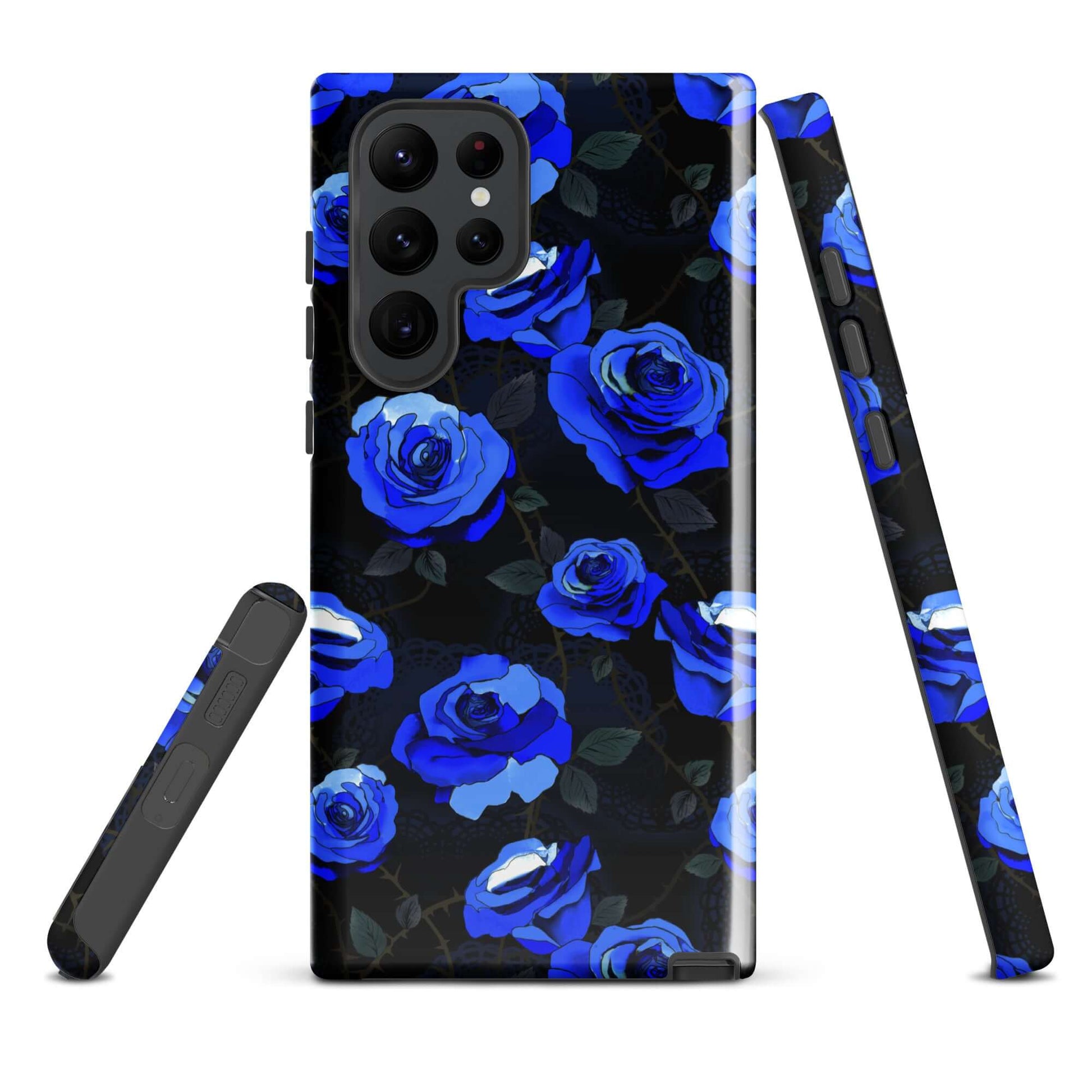 Protect your phone in style with the Enchanted Rose Samsung® Tough Case, featuring vibrant blue roses and durable design.