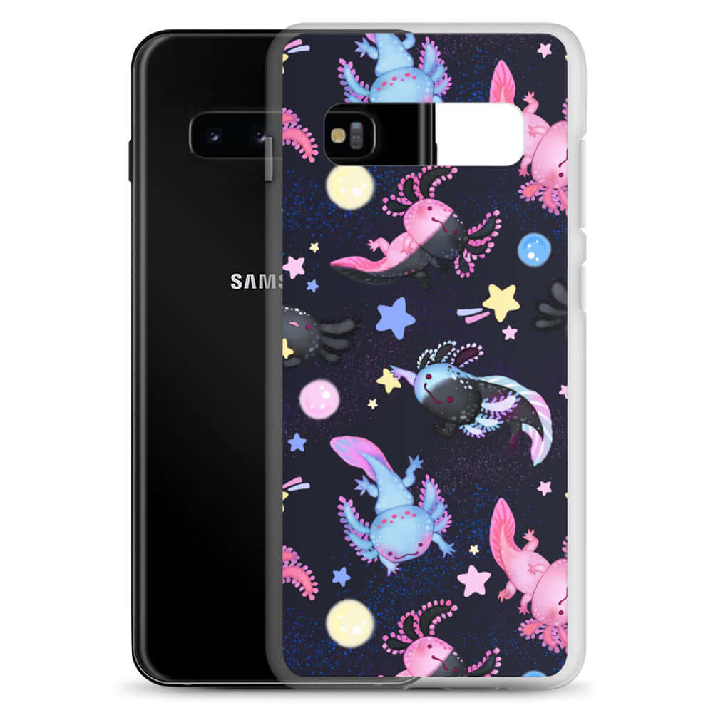 Stylish Axolotl Samsung® Clear Case showcases colorful axolotls, offering protection and personality for your phone.