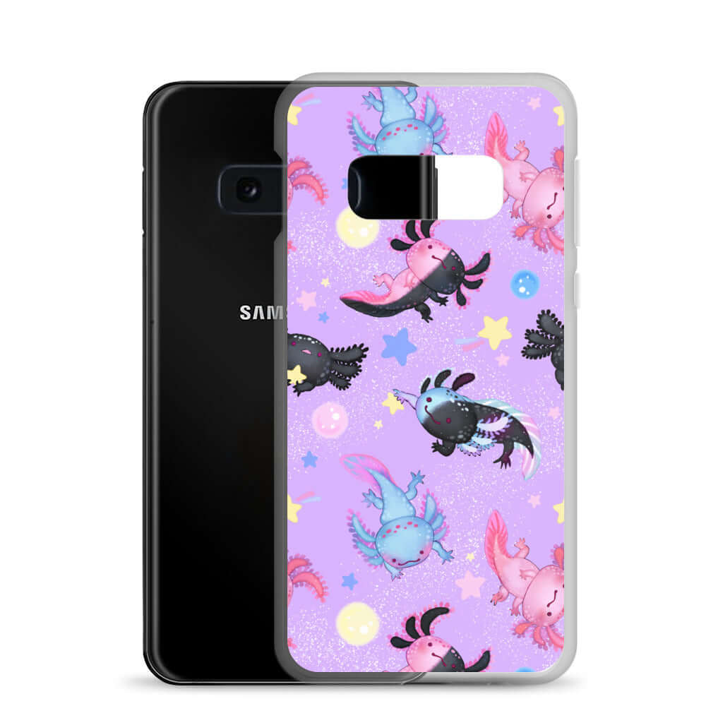 Stylish Axolotl Samsung® Clear Case featuring vibrant axolotl designs, protecting your phone with flair.