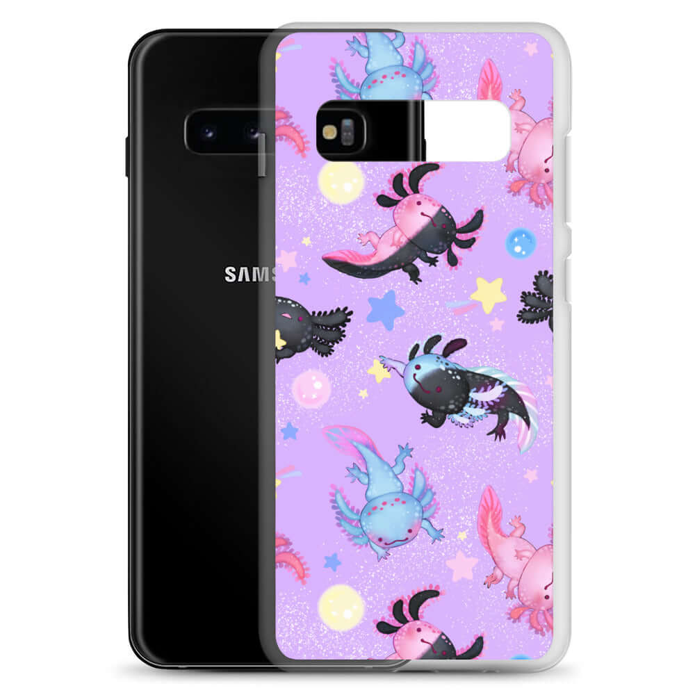Show off your style with the Axolotl Samsung® Clear Case, featuring colorful axolotls on a fun purple background.