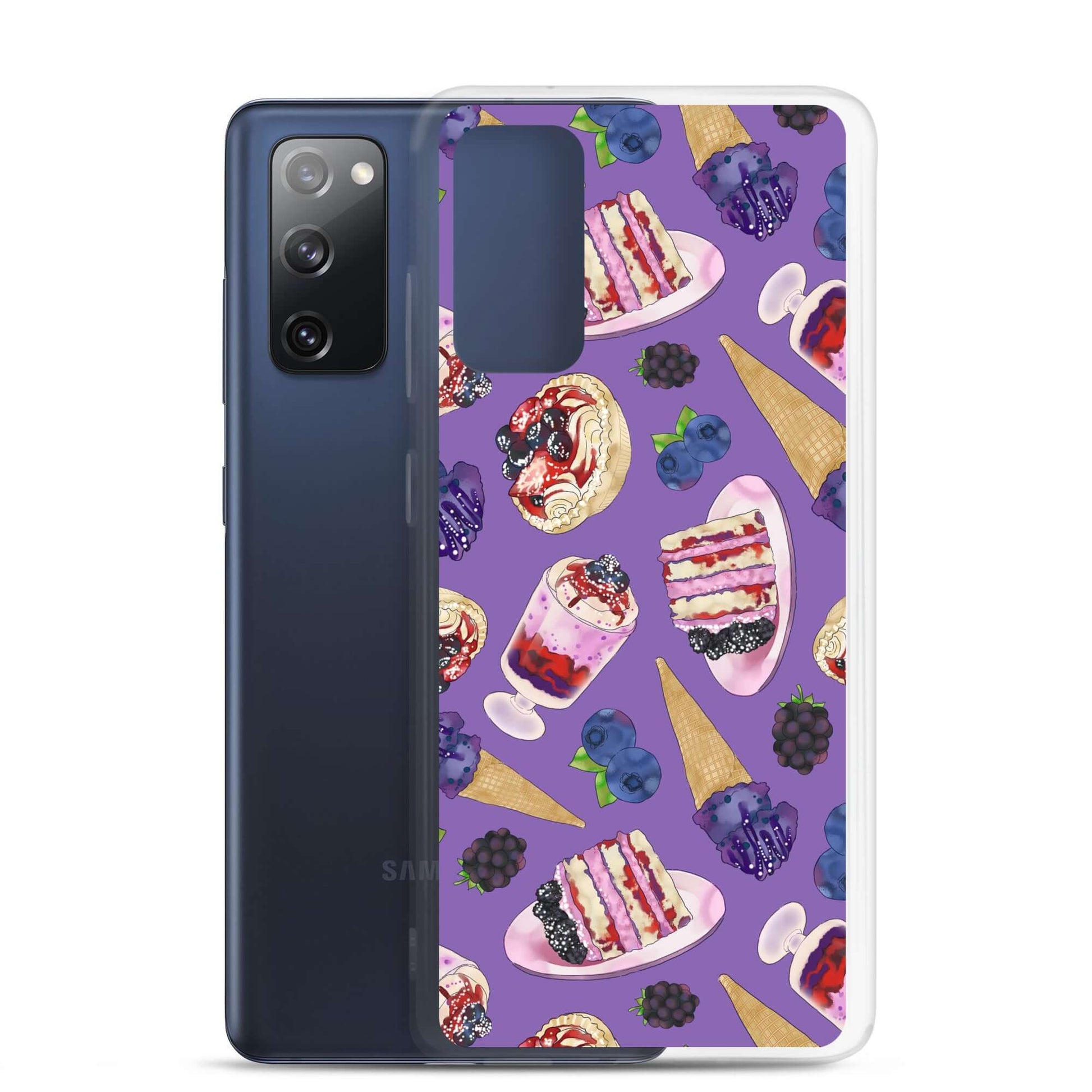 Sleek Berry Samsung® Clear Case showcasing dessert designs, perfect for summer phone protection from scratches and dirt.