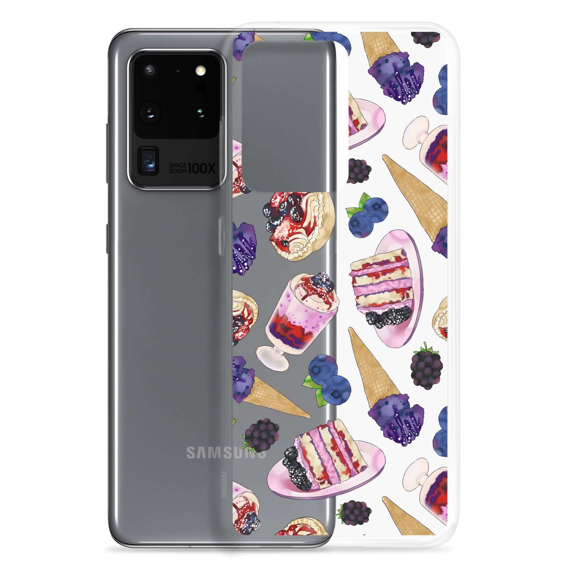 Sleek Berry Samsung® Clear Case features dessert-themed designs, protecting your phone while adding style.