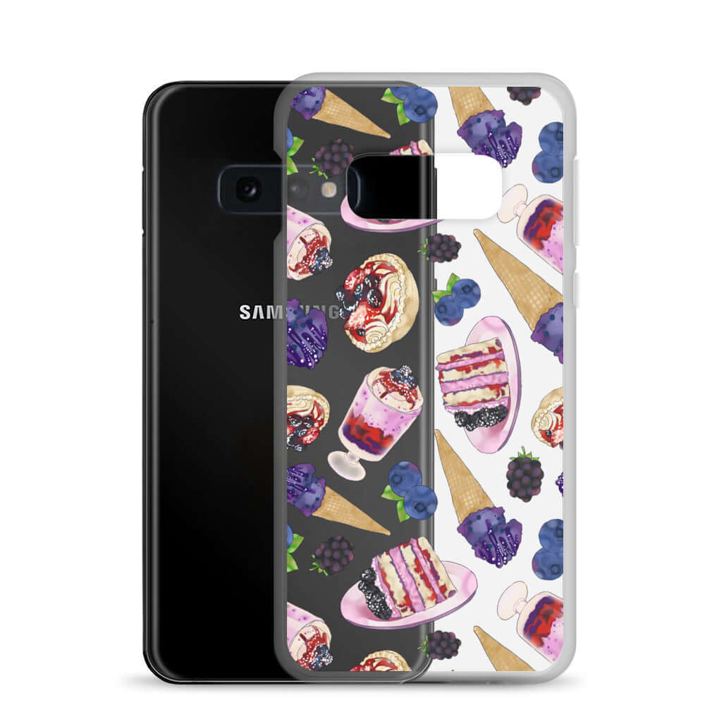 Stylish Berry Samsung® Clear Case showcases dessert-themed design, protecting your phone from scratches and dirt.