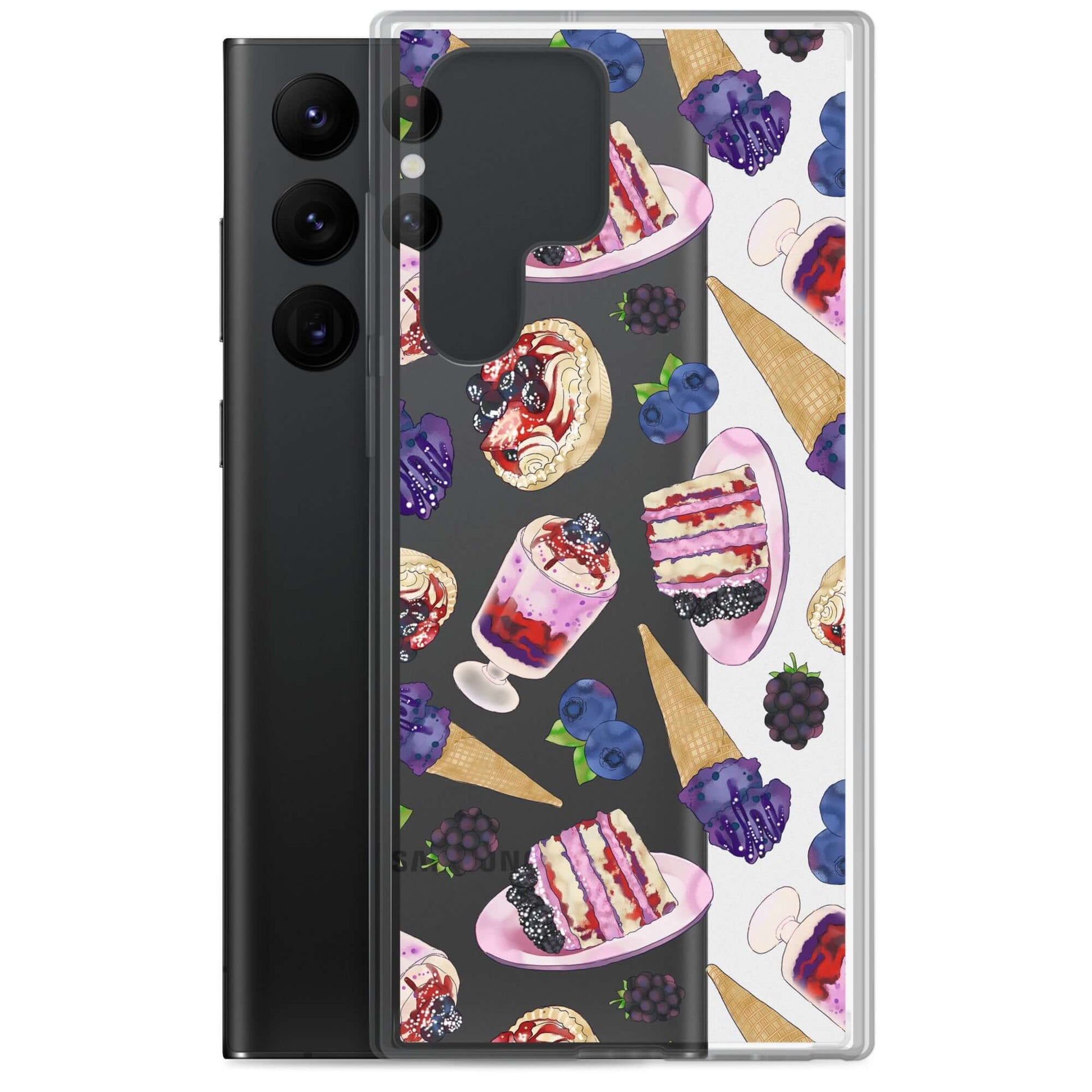 Stylish Berry Samsung® Clear Case featuring a fun dessert pattern, perfect for summer protection and flair.