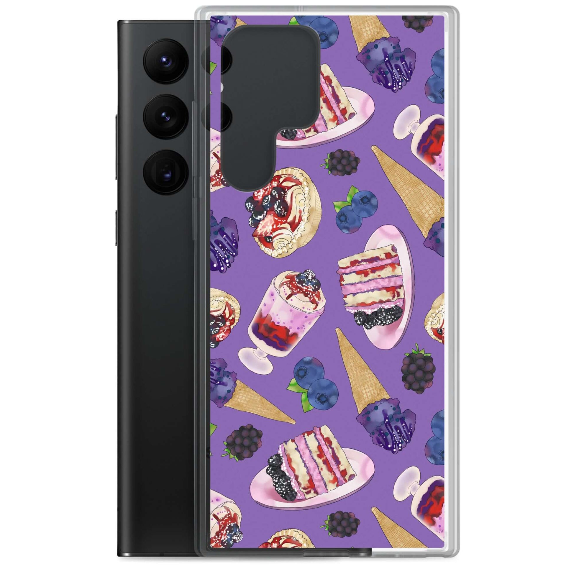 Stylish Berry Samsung® Clear Case featuring a fun dessert design, perfect for summer phone protection.