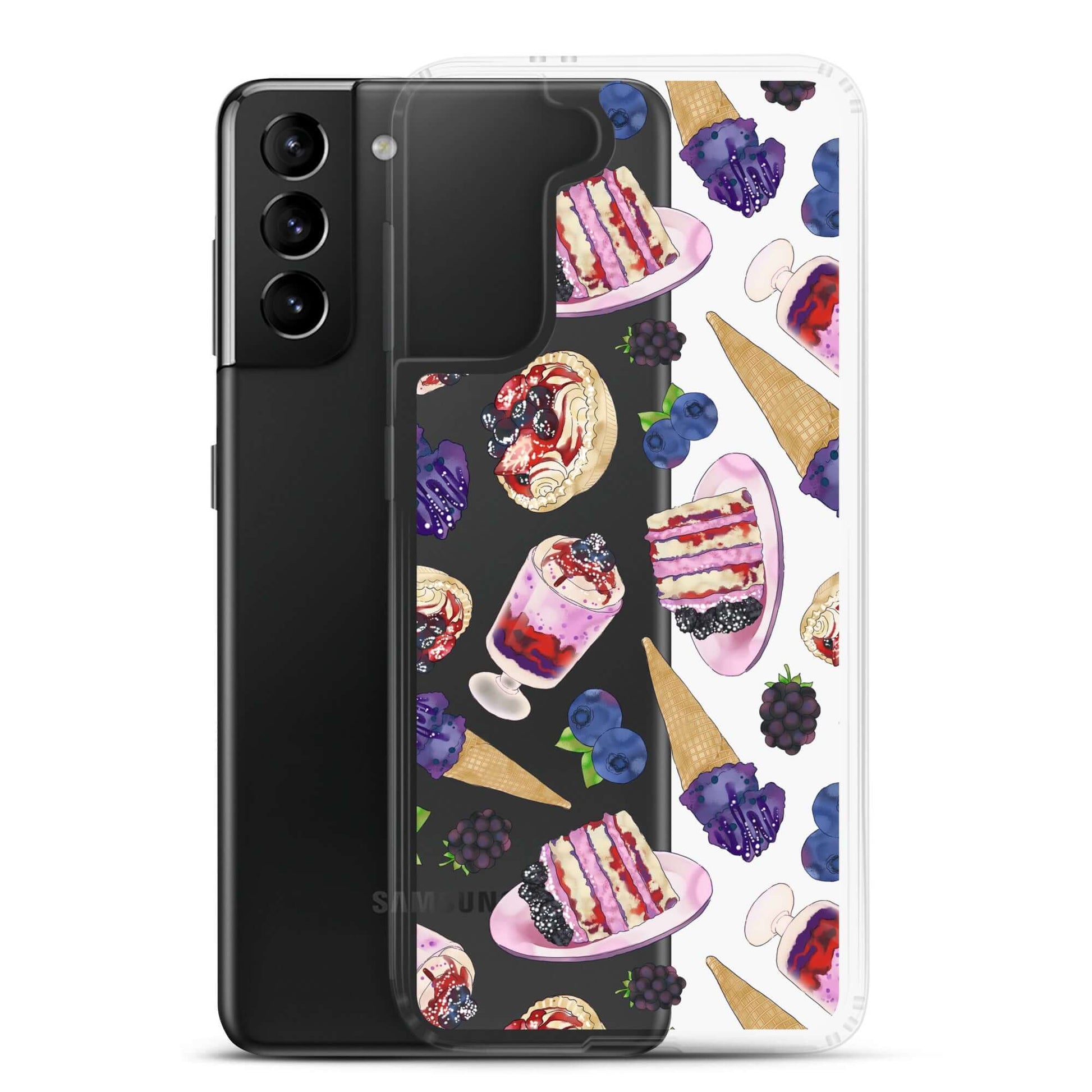 Sleek Berry Samsung® Clear Case featuring a fun dessert design, perfect for summer protection and style.