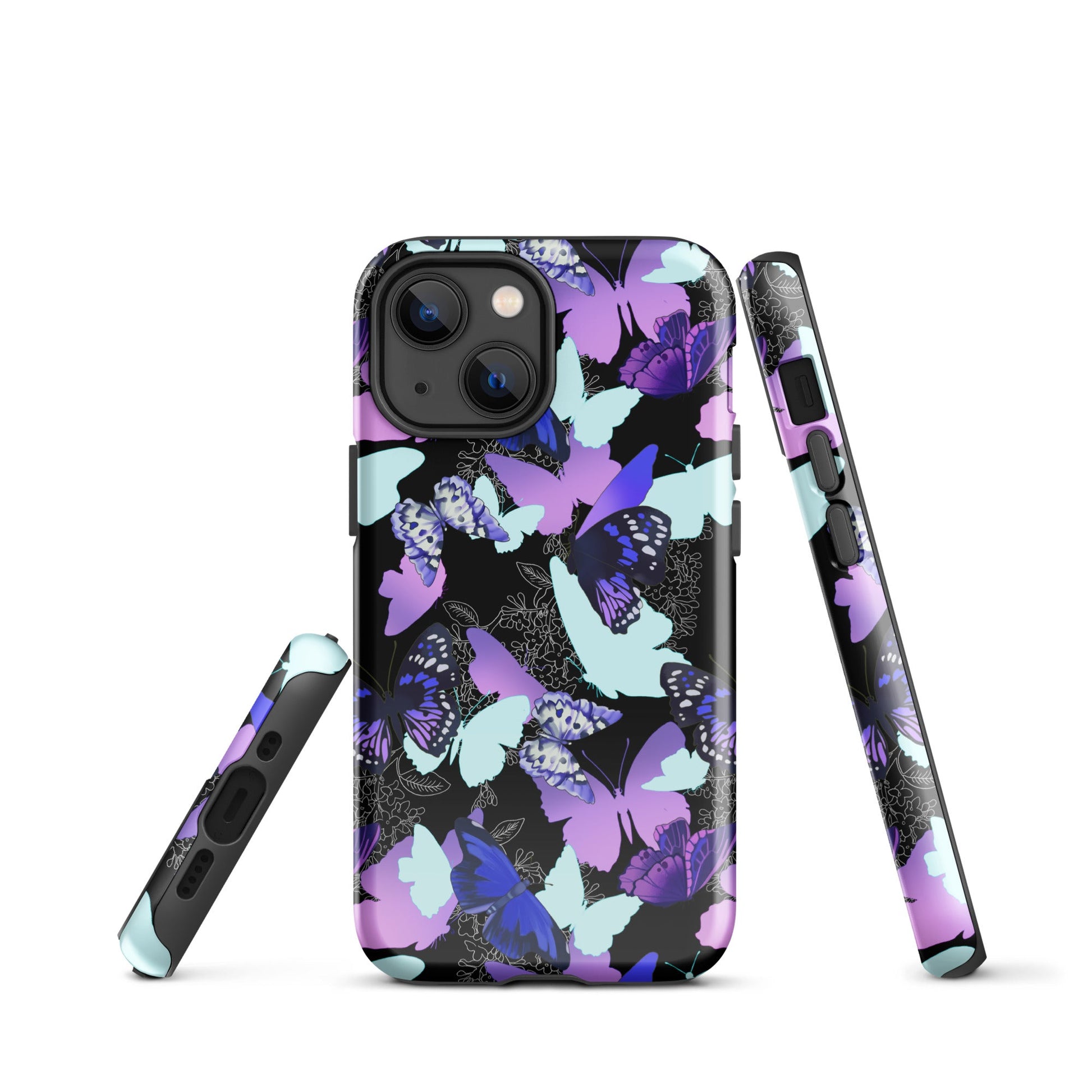Stylish Butterfly iPhone® Tough Case featuring impact-resistant polycarbonate and vibrant butterfly design for protection.