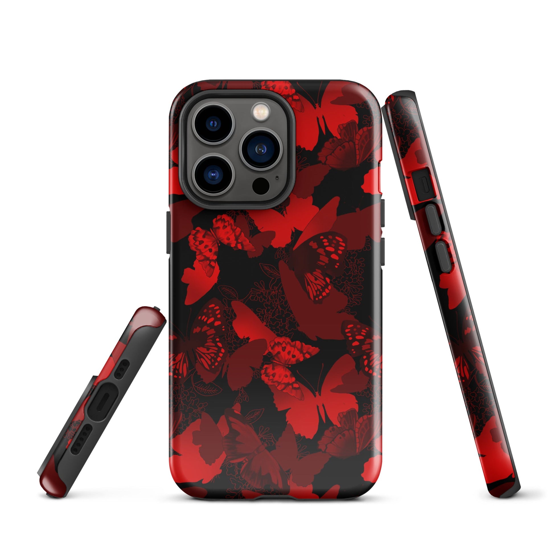 Butterfly iPhone® Tough Case features a stylish red and black butterfly design for durable phone protection.