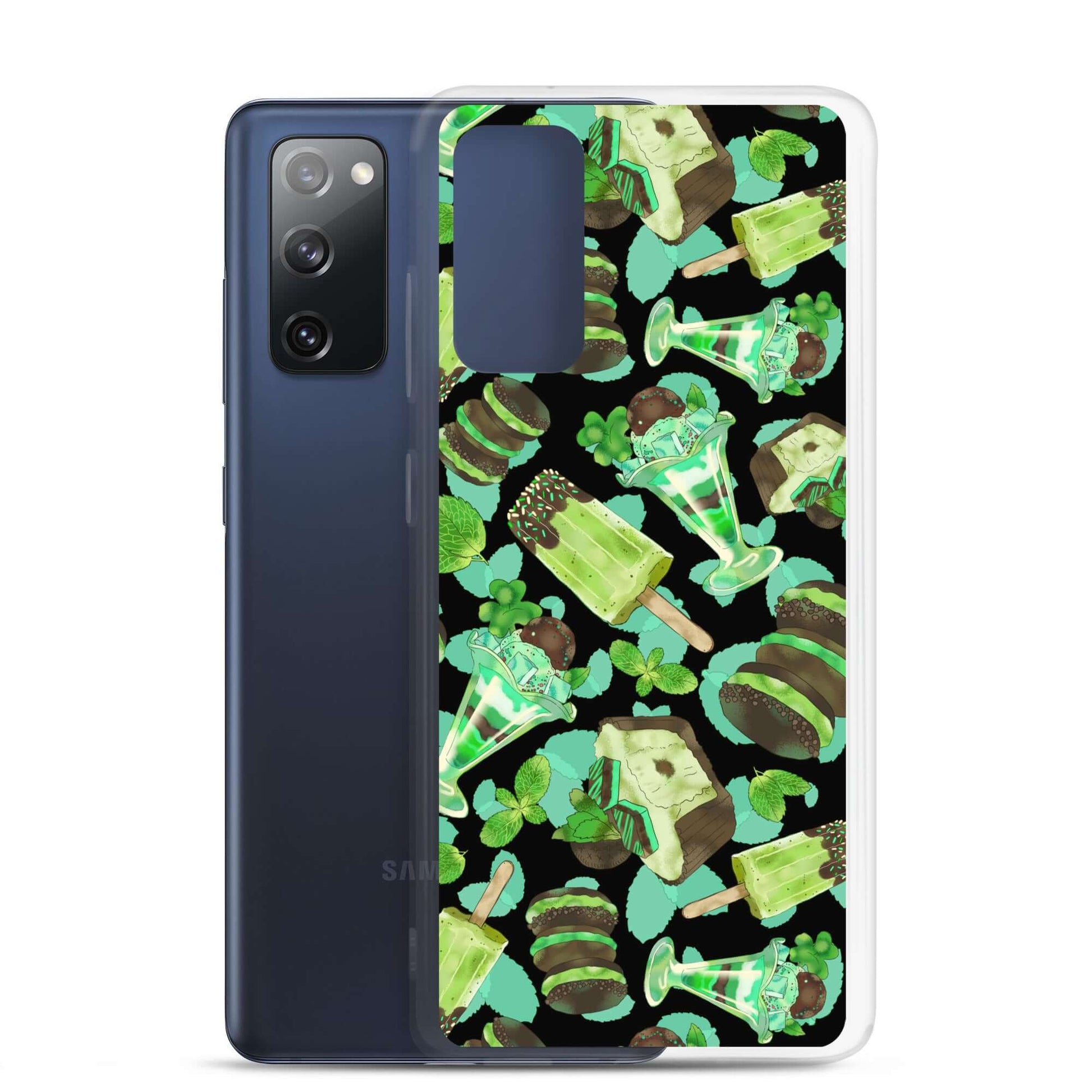 Choco Mint Samsung® Clear Case featuring a vibrant design with minty treats, perfect for stylish phone protection.