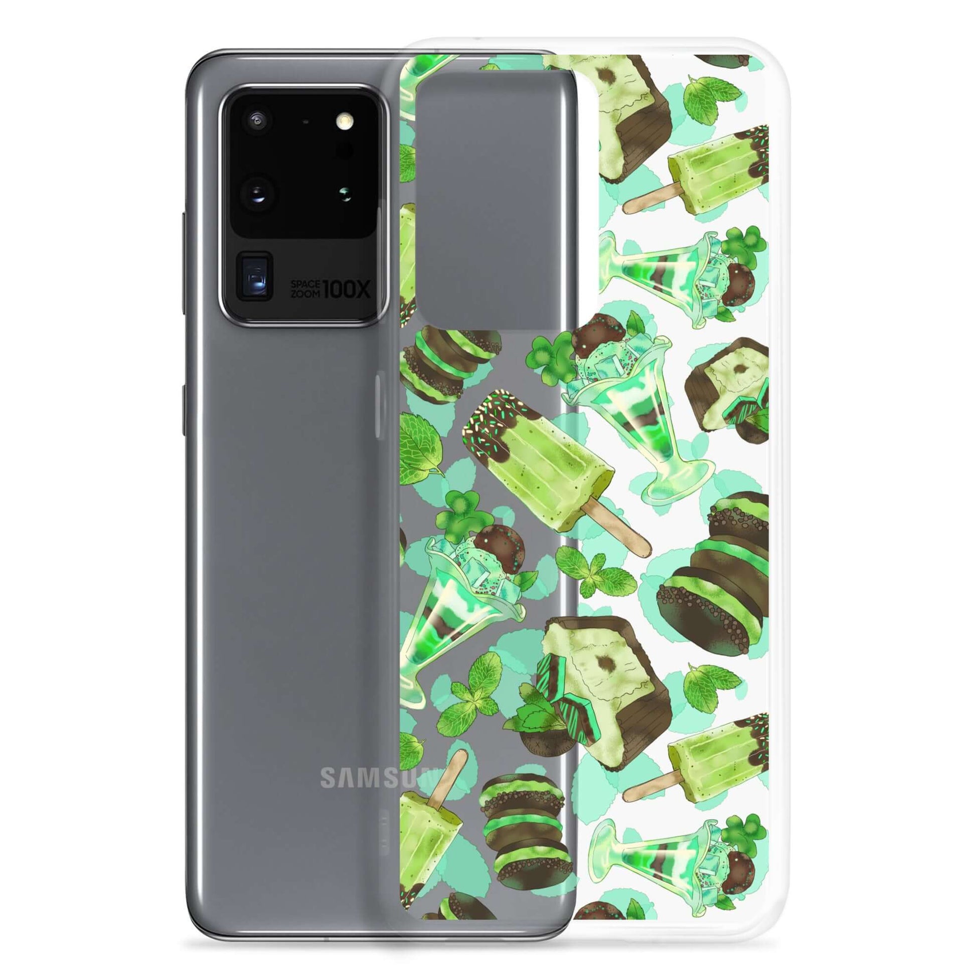 Choco Mint Samsung® Clear Case showcases a vibrant design, perfect for protecting your phone in style.