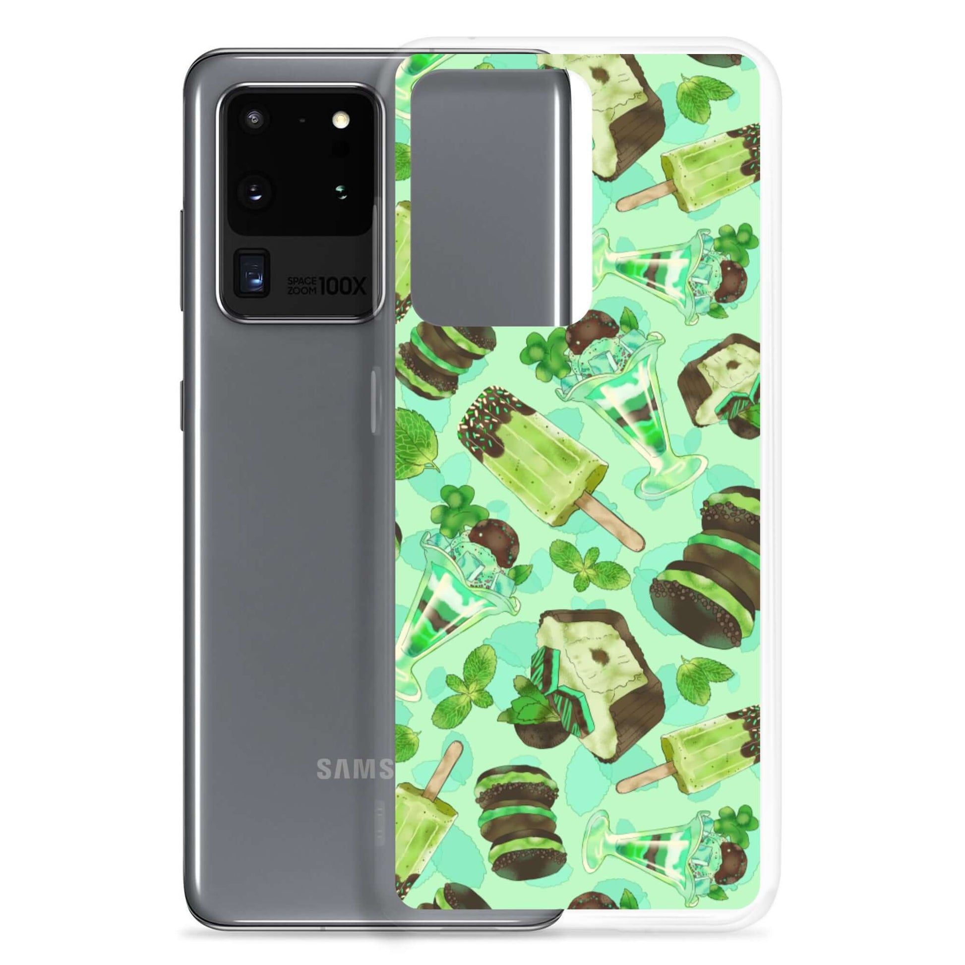 Choco Mint Samsung® Clear Case showcases a vibrant minty design, adding cheer while protecting your phone from damage.