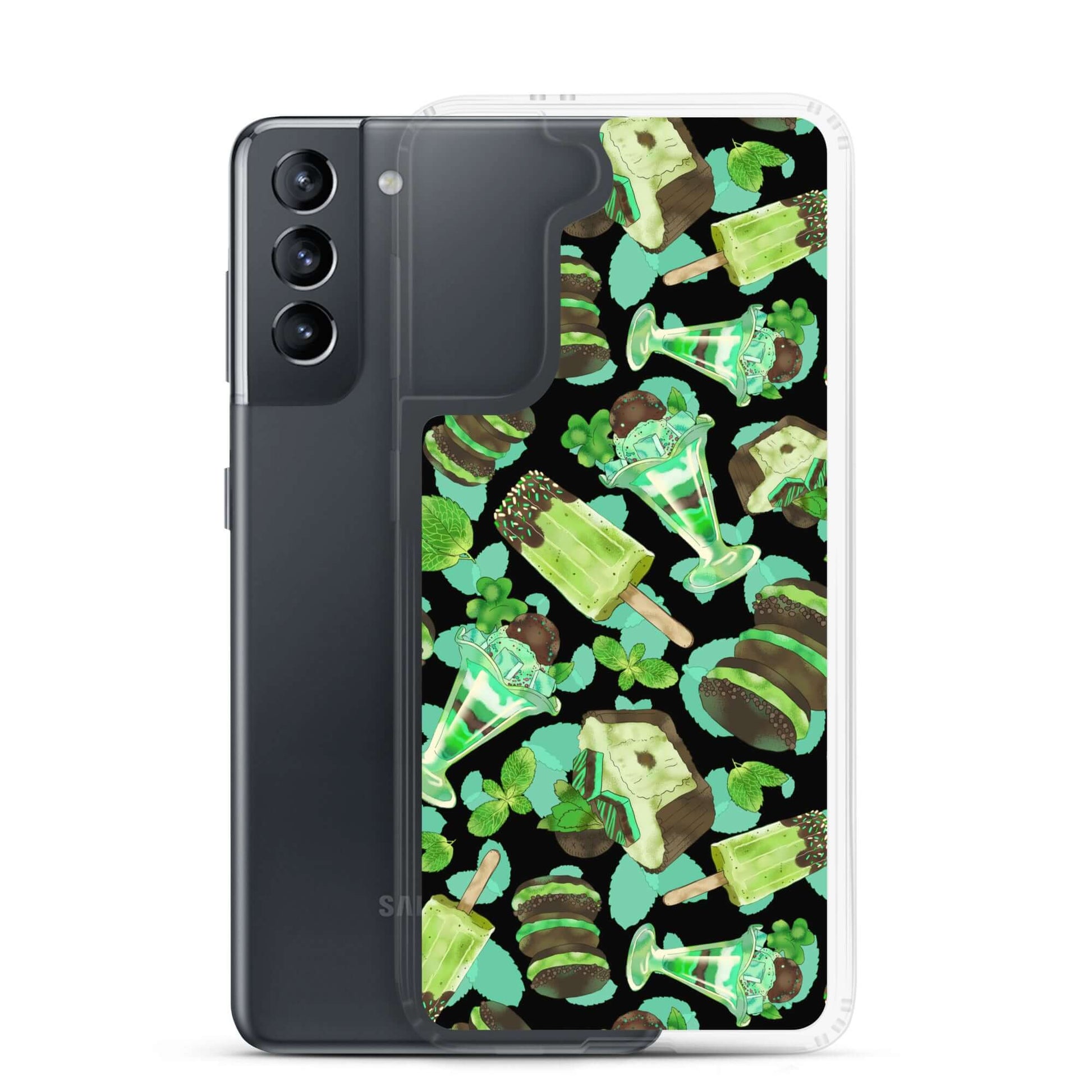 Choco Mint Samsung® Clear Case showcases vibrant mint-themed designs, adding style while protecting your phone.