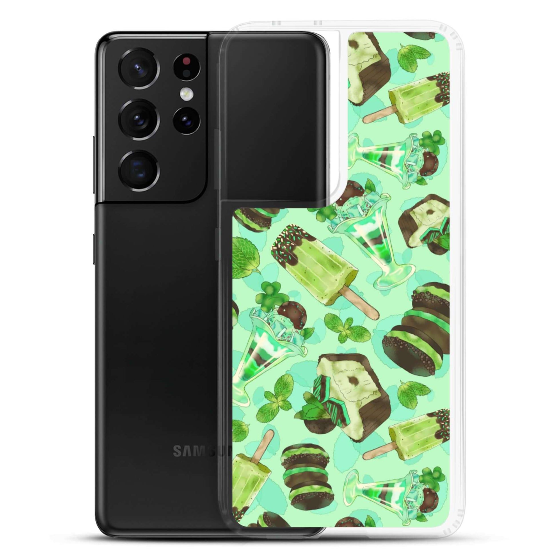 Choco Mint Samsung® Clear Case features a vibrant mint design, perfect for protecting your phone in style.