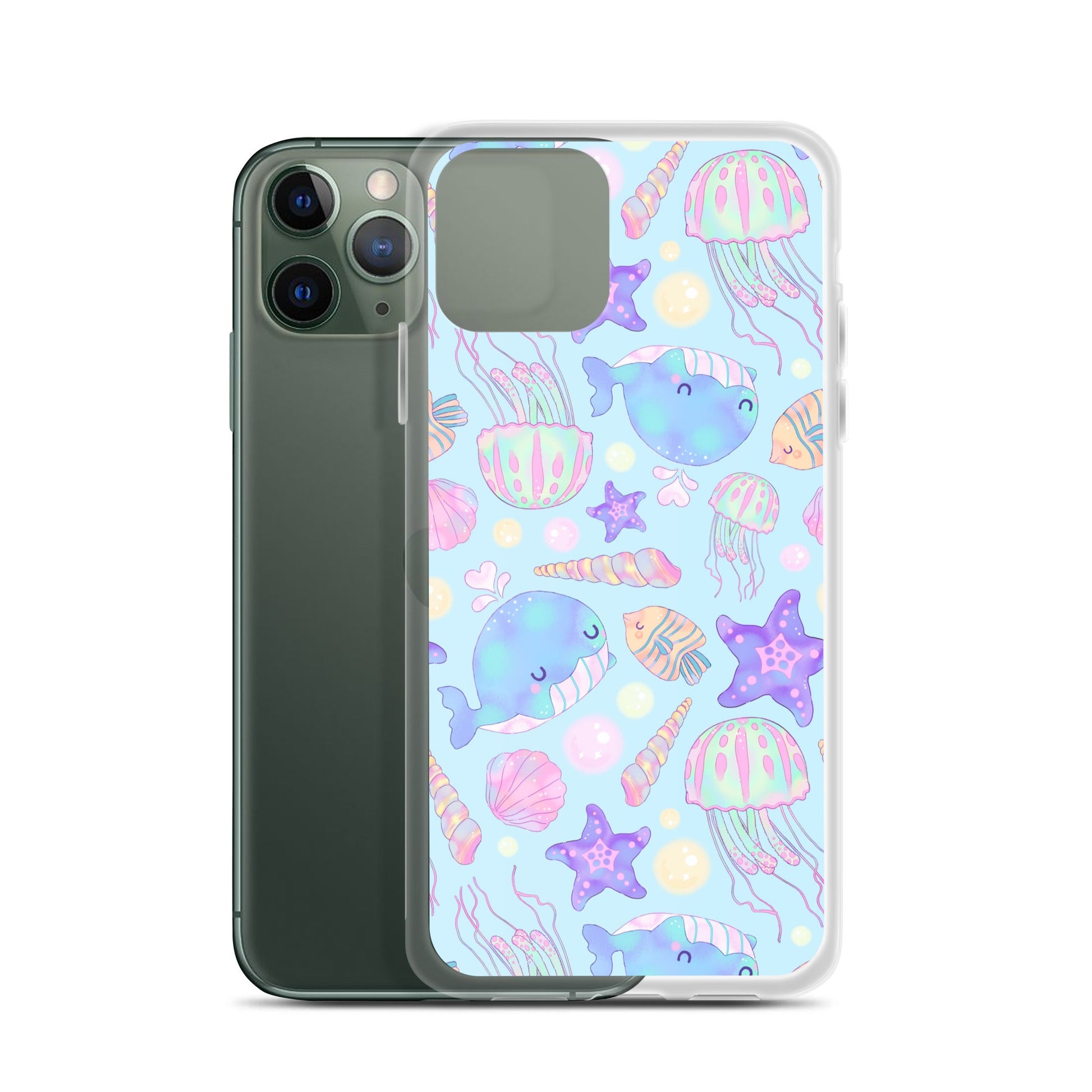 Colorful Under the Sea iPhone® Clear Case showcases marine life, offering stylish protection for your device.