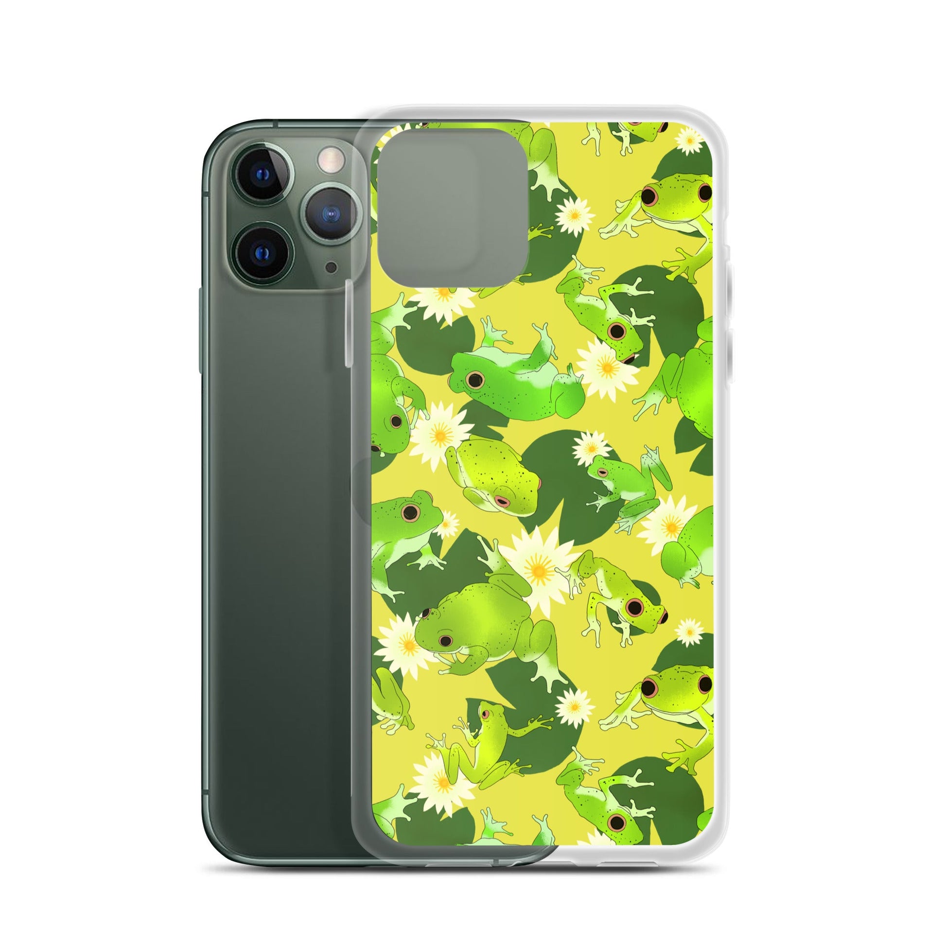 Kero-kero iPhone® Clear Case featuring vibrant frog designs, offering stylish protection against scratches and dirt.