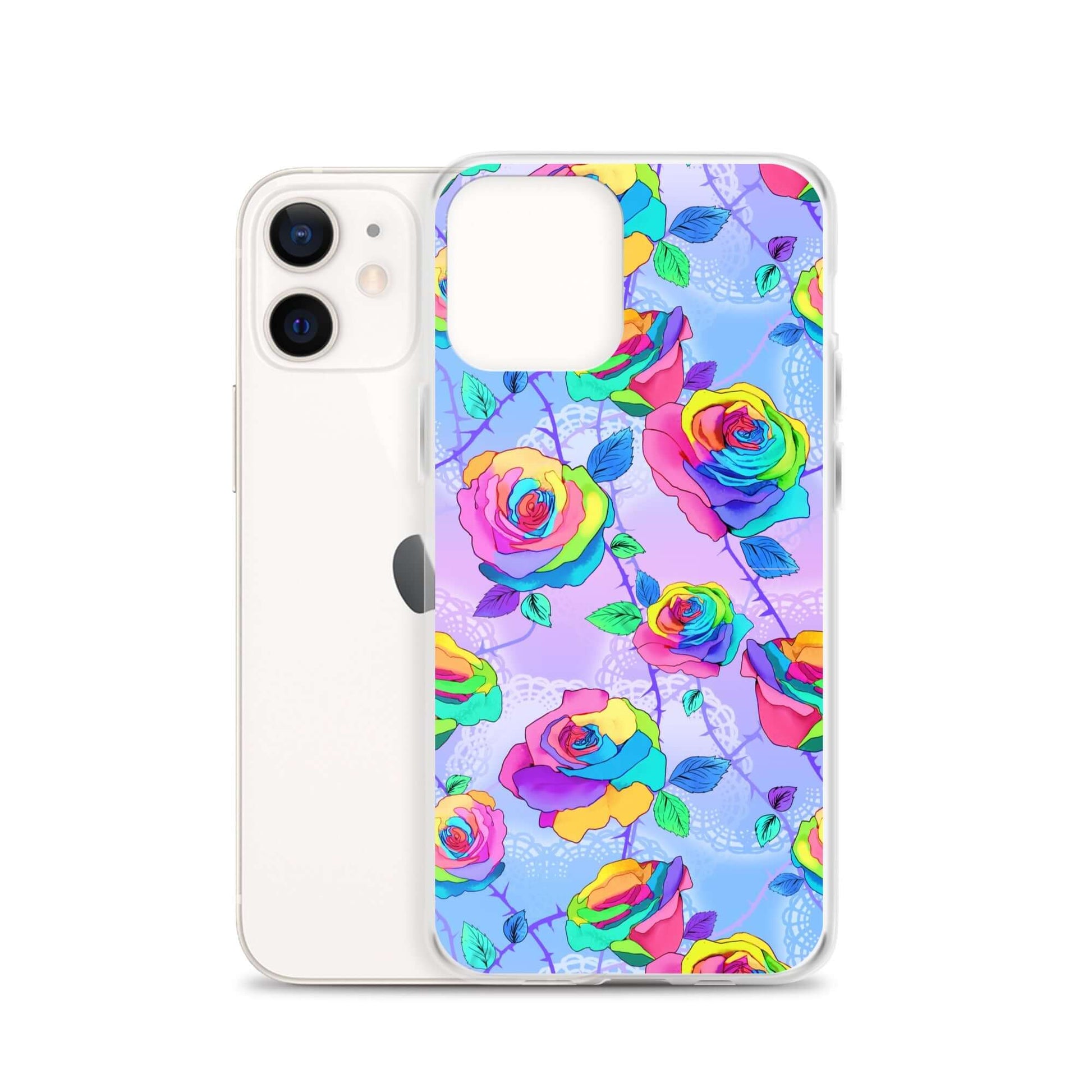 Colorful Enchanted Rose iPhone® Clear Case showcasing vibrant floral design, offering protection and easy access to ports.