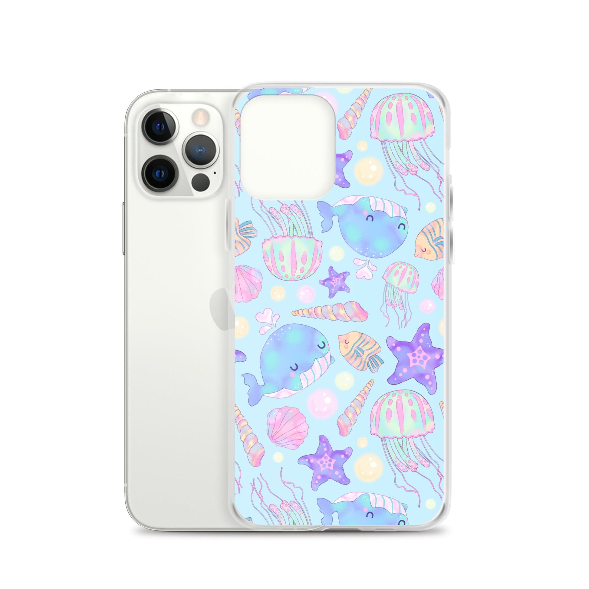Colorful Under the Sea iPhone® Clear Case features marine life design, offering stylish protection for your device.